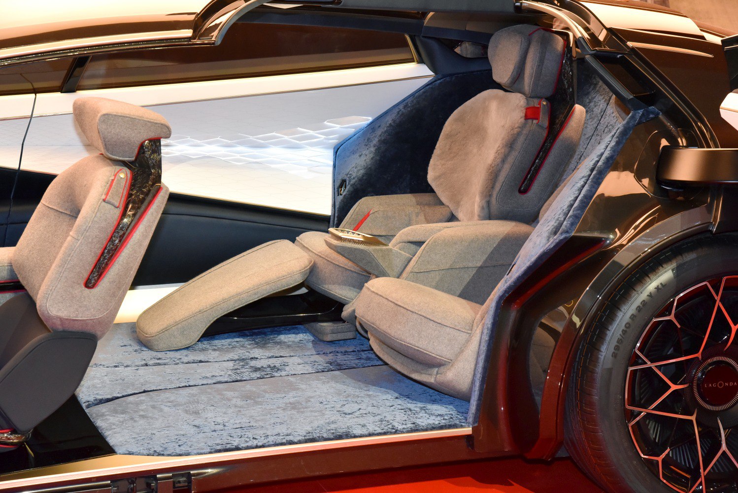 Luxurious plush seats with futuristic, spacious interior design in a concept car