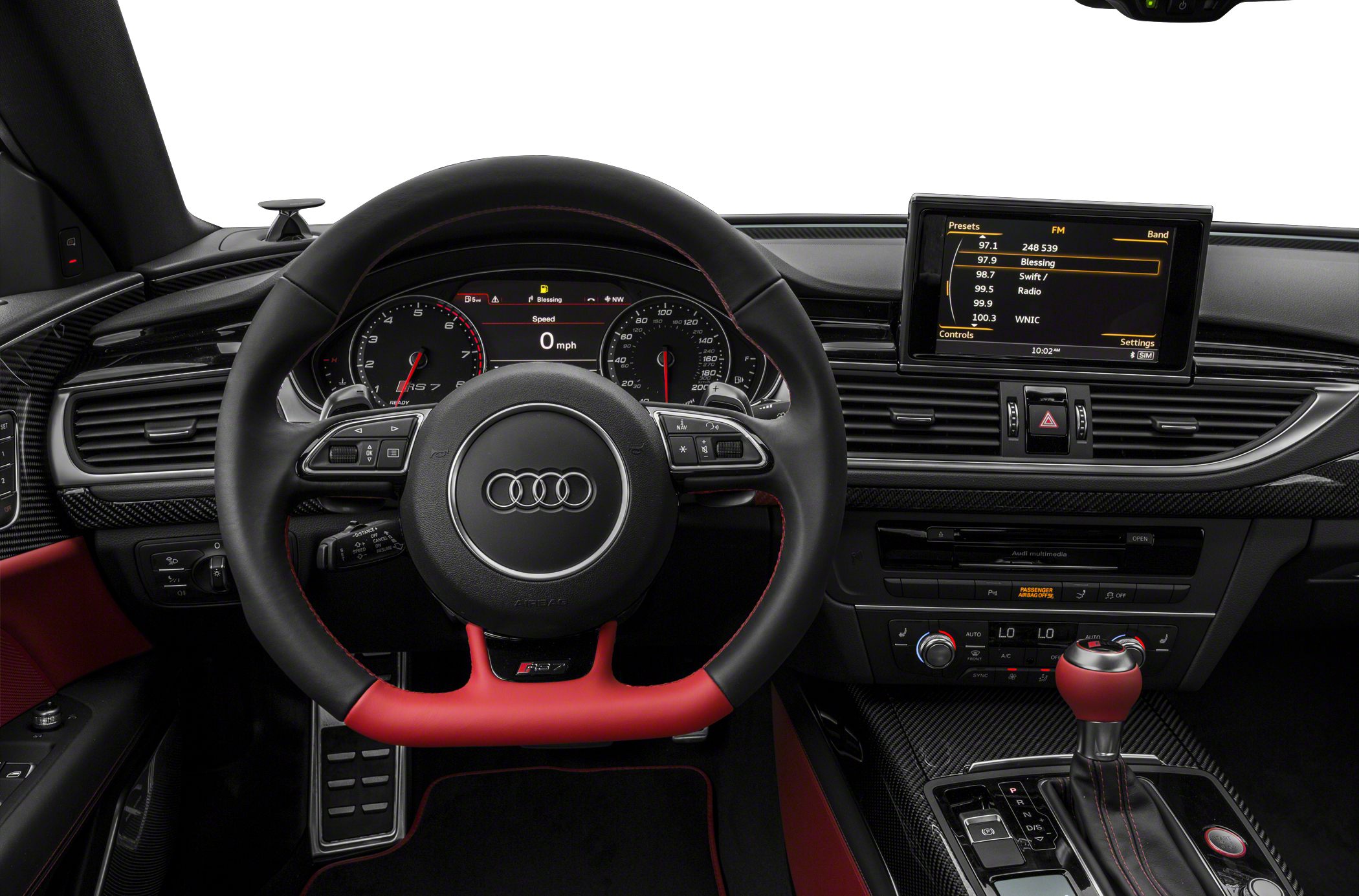 Sporty steering wheel with red accent and advanced dashboard display
