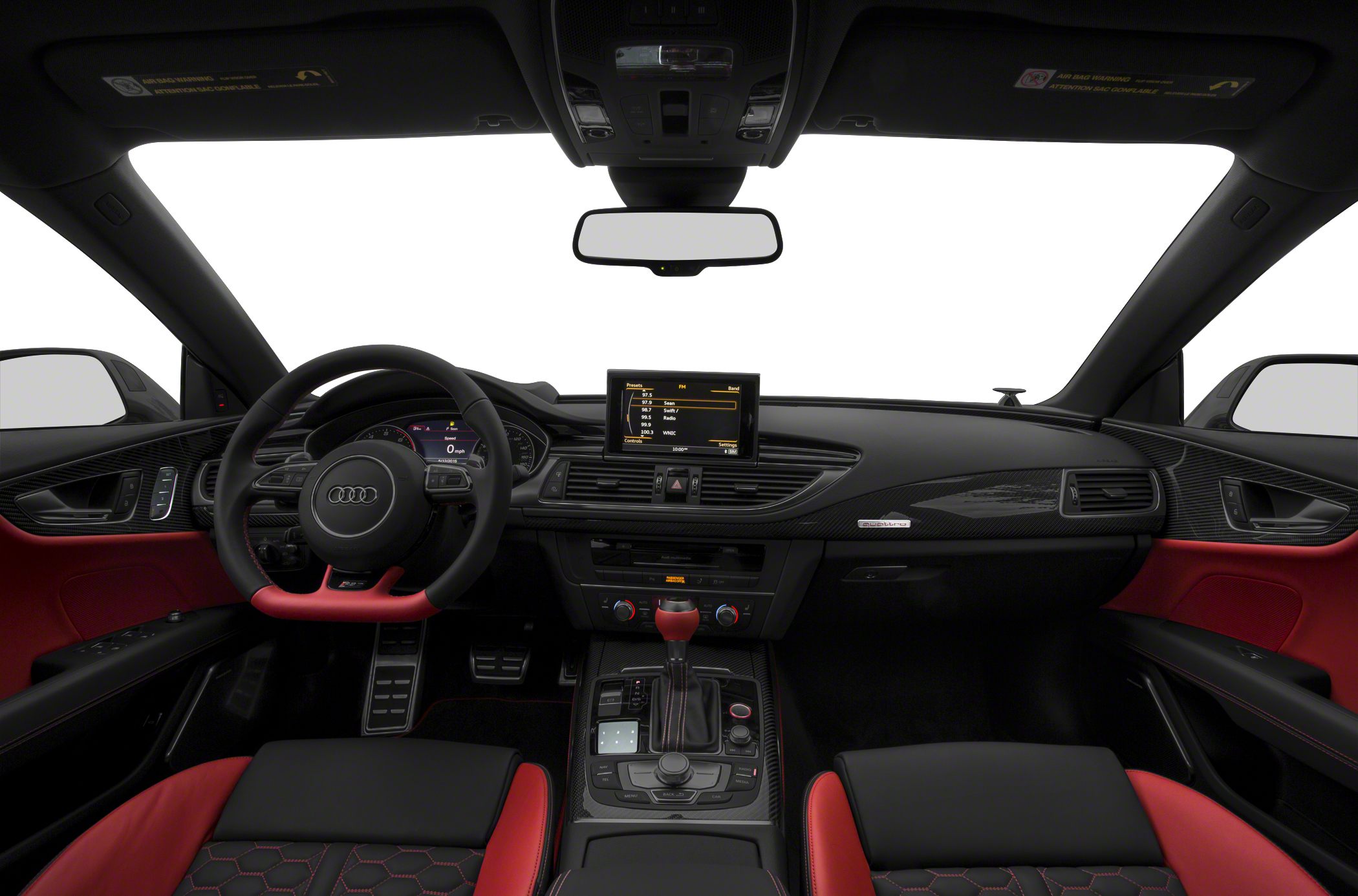 Audi RS 7 Sportback interior with carbon fiber trim and red-black leather upholstery