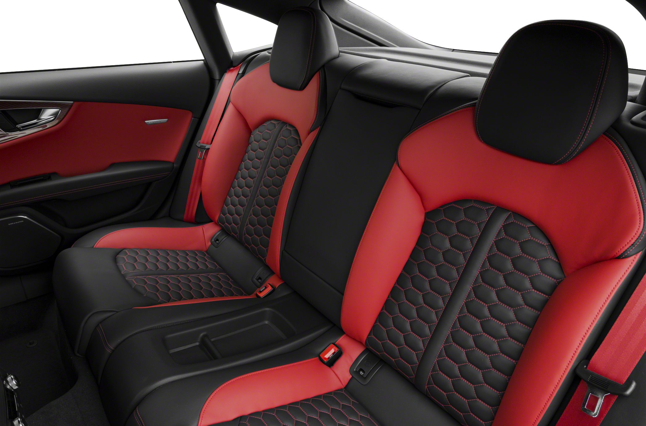 Red and black rear seats with hexagonal stitched pattern and leather upholstery.