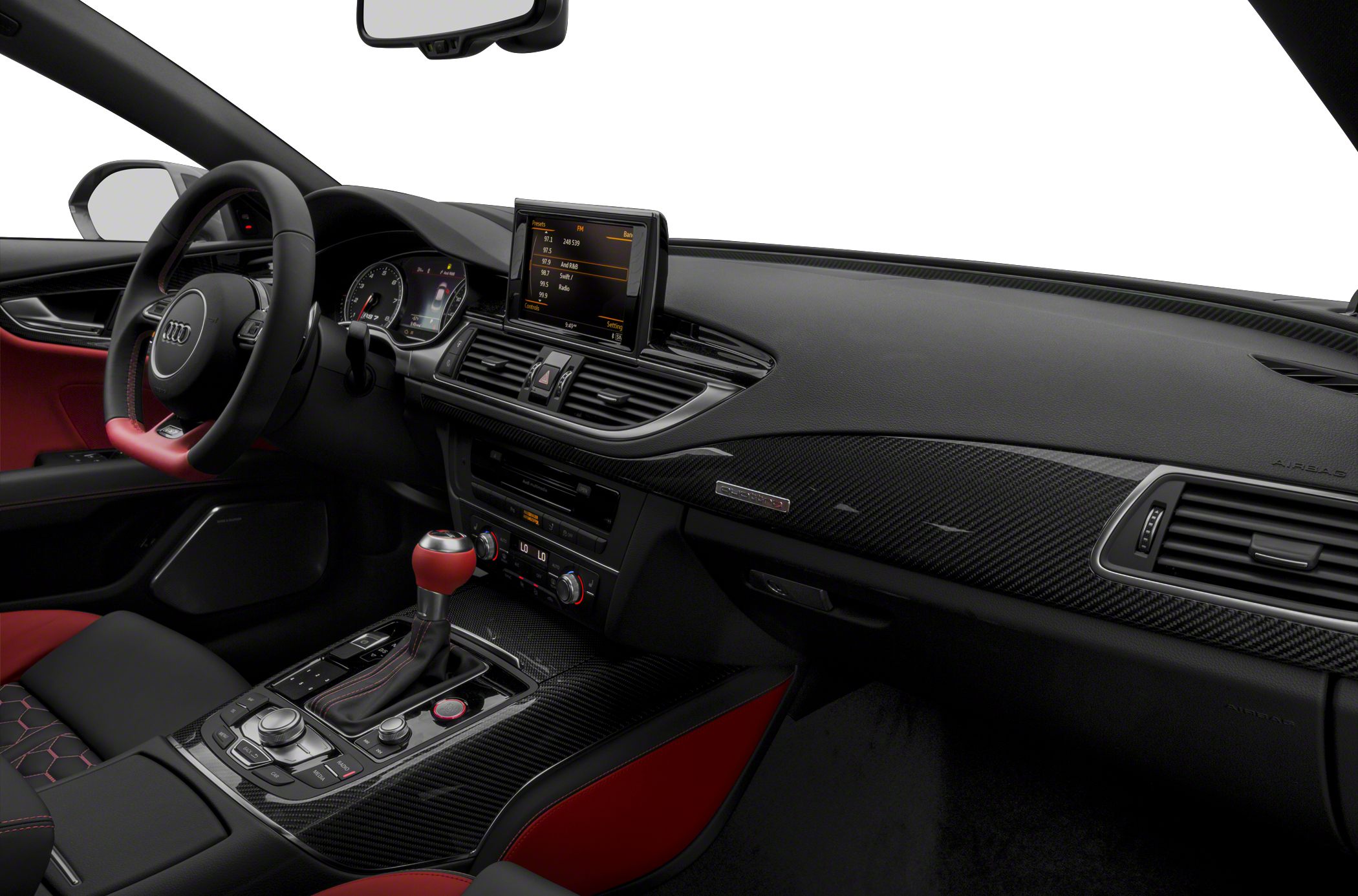 Carbon fiber trim and red-accented interior with digital dashboard