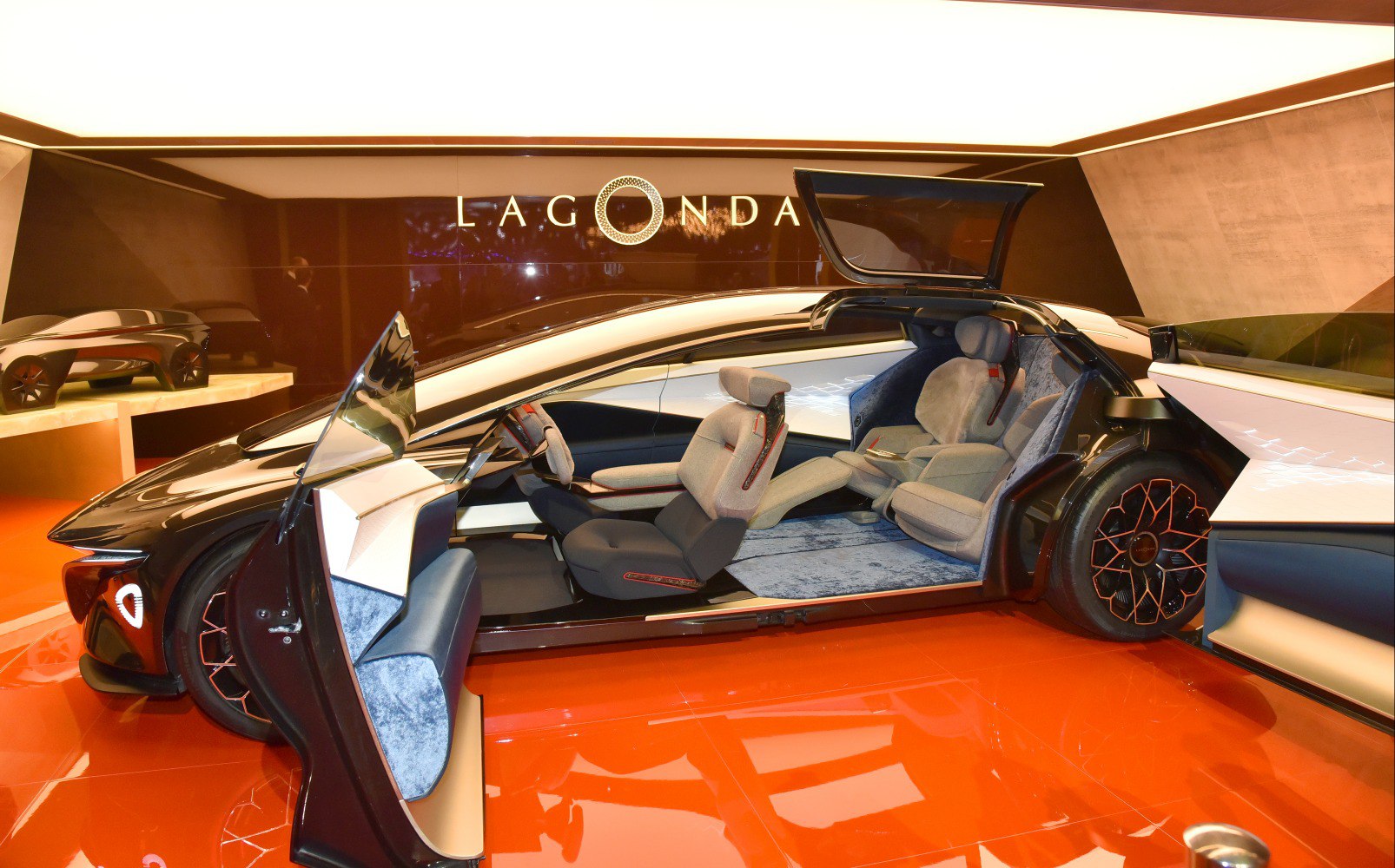 Futuristic electric luxury car interior with advanced seating.