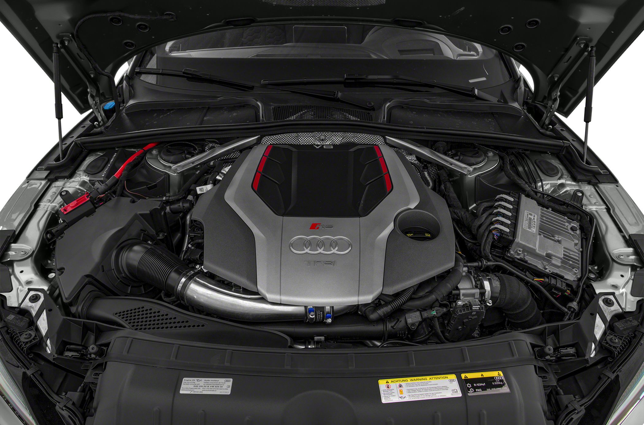 Close-up of V6 TFSI engine bay with Audi RS 5 RS branding