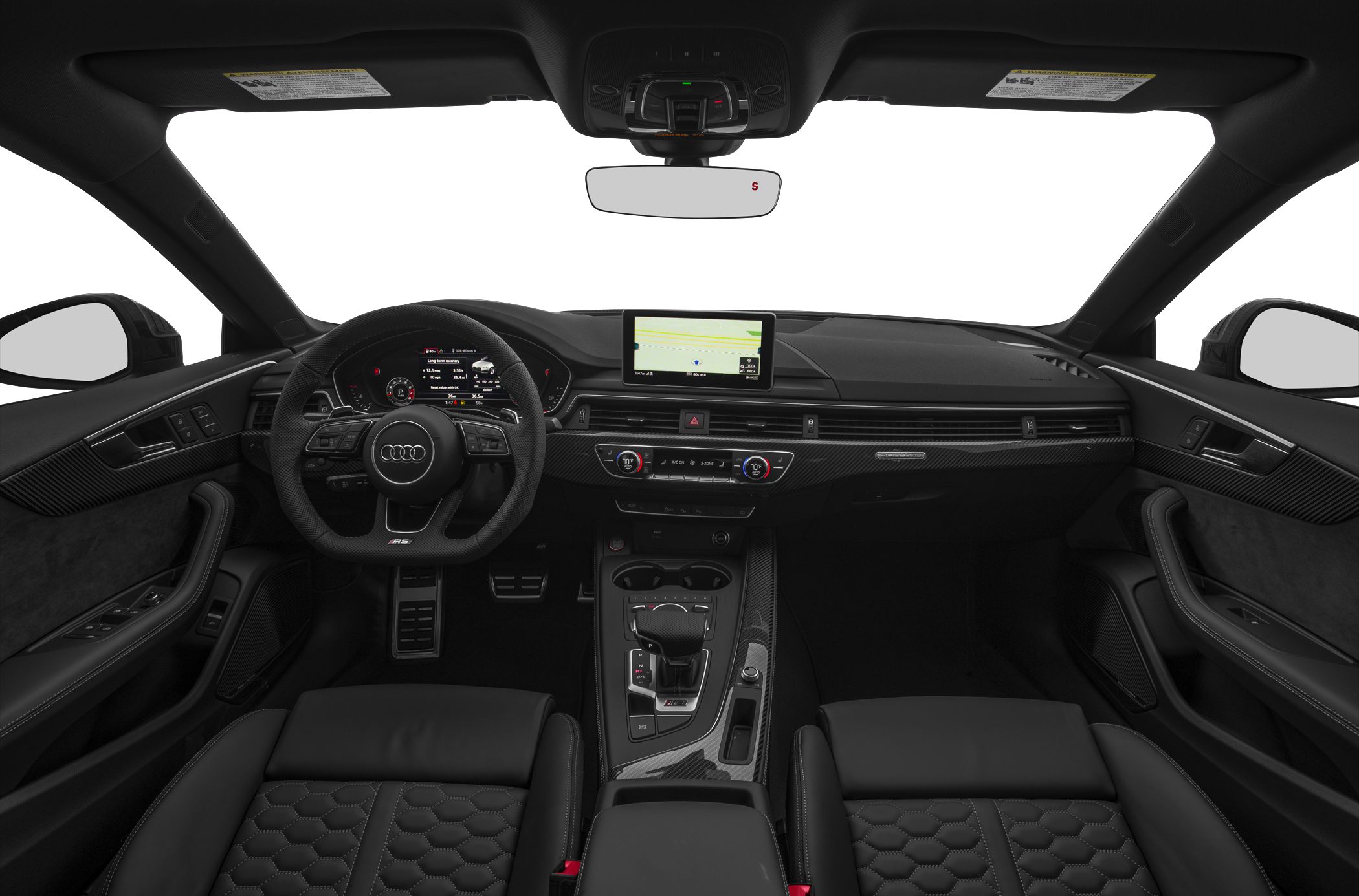 Luxury interior with digital dashboard, steering wheel, and carbon fiber trim