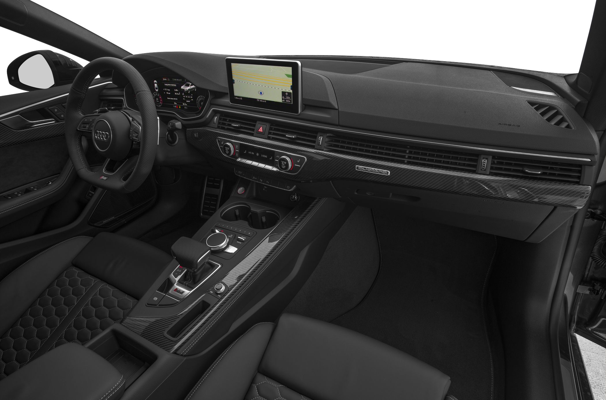 Digital cockpit with carbon fiber trim and quilted leather seats