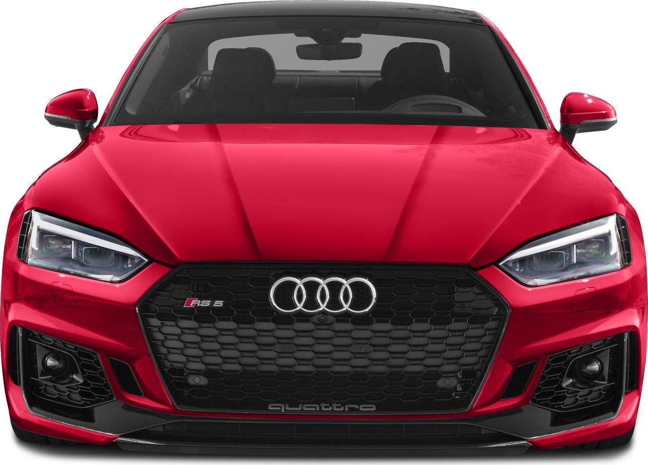Aggressive honeycomb grille and LED headlights on sporty coupe front