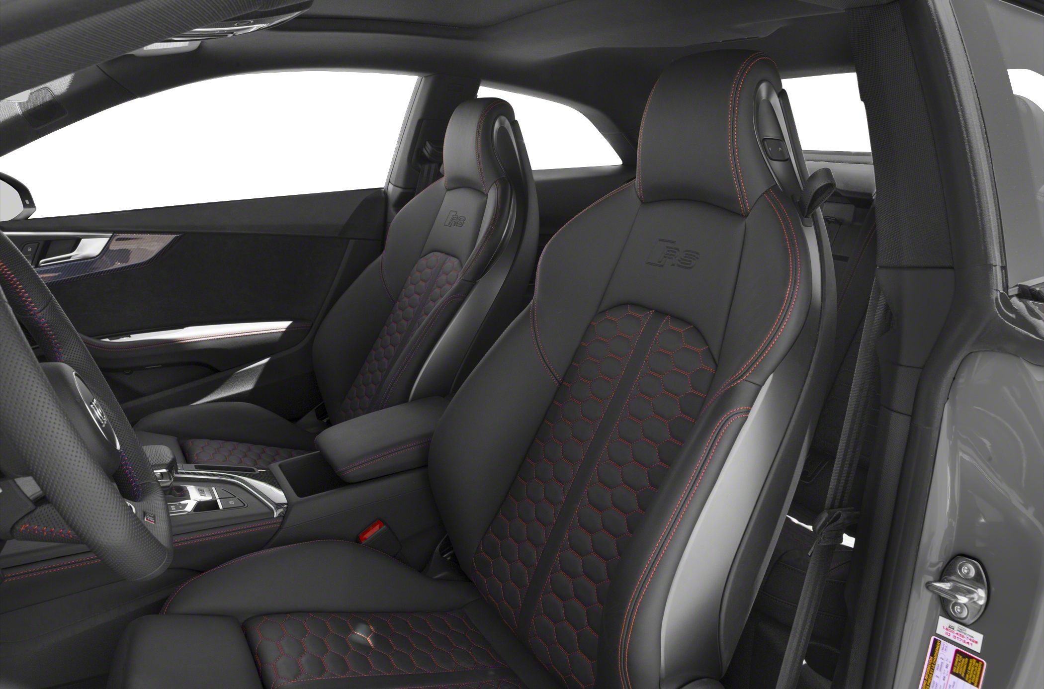 Black leather sports seats with red honeycomb stitching and embossed logos