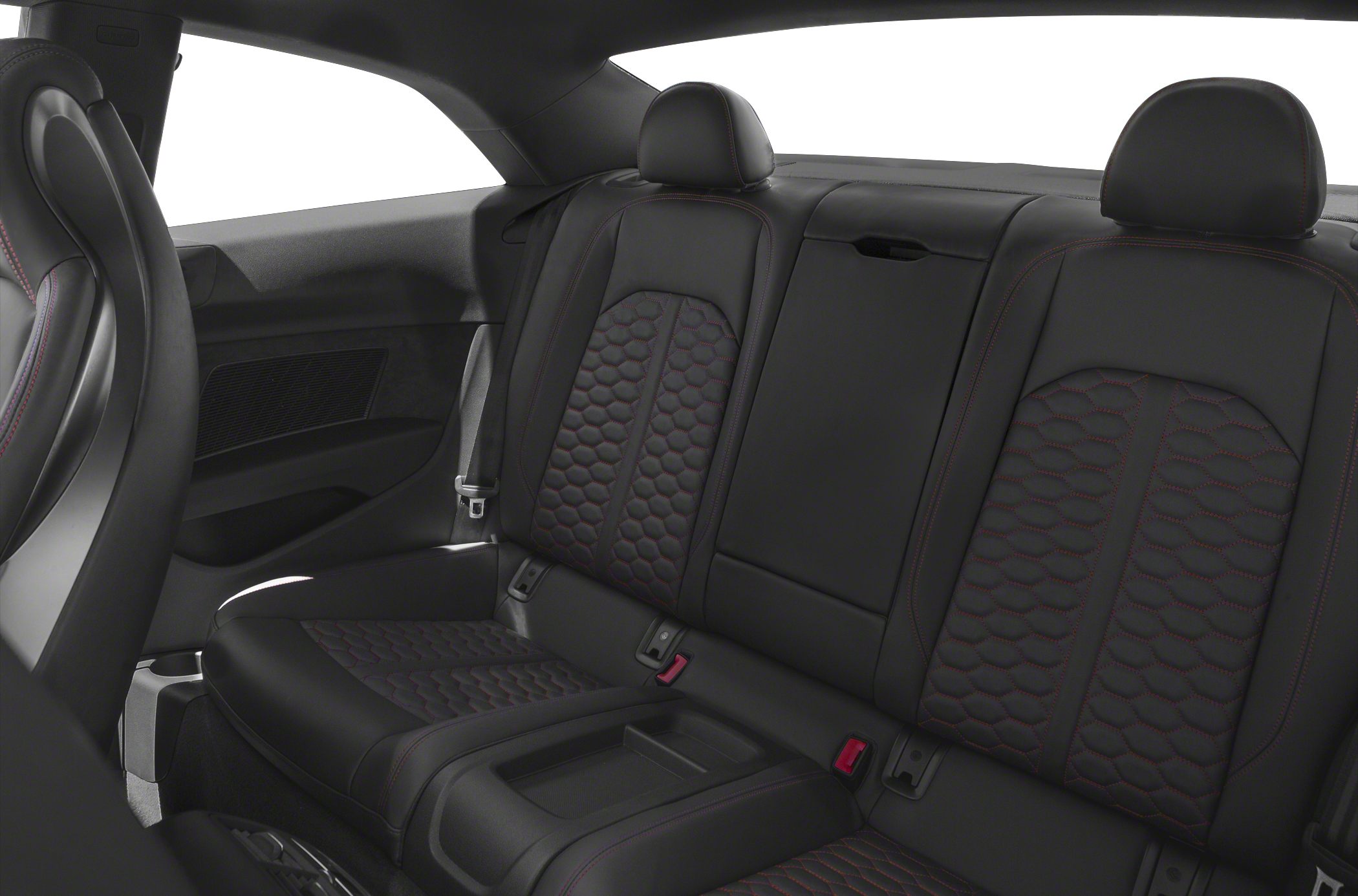 Quilted black leather rear seats with red stitching and headrests.
