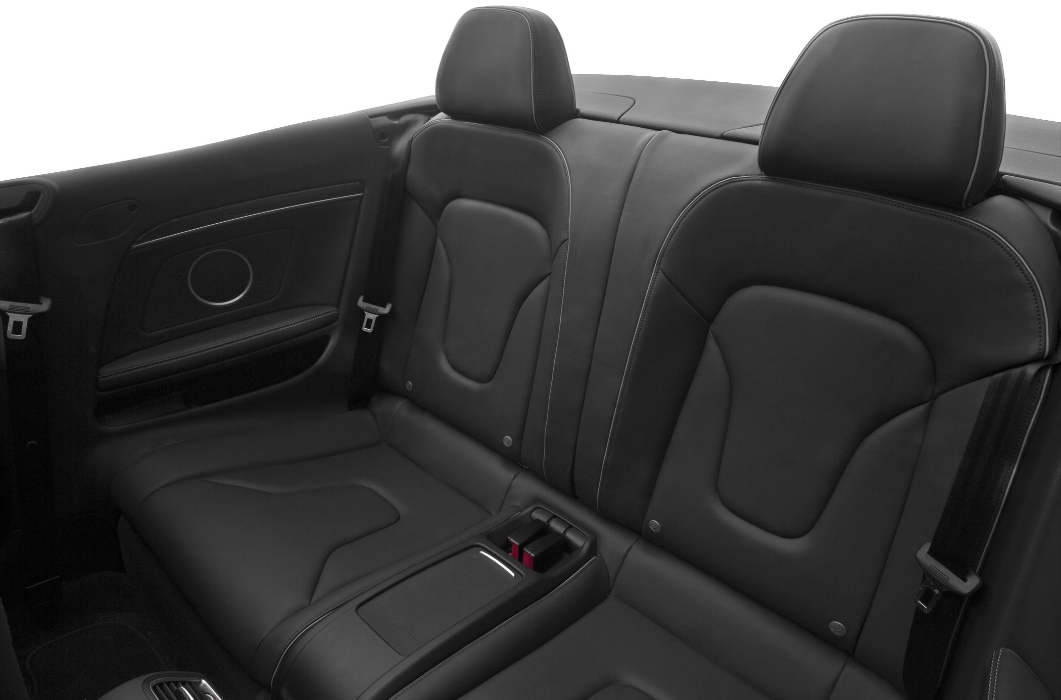 Black leather rear seats with seat belts and integrated speakers.