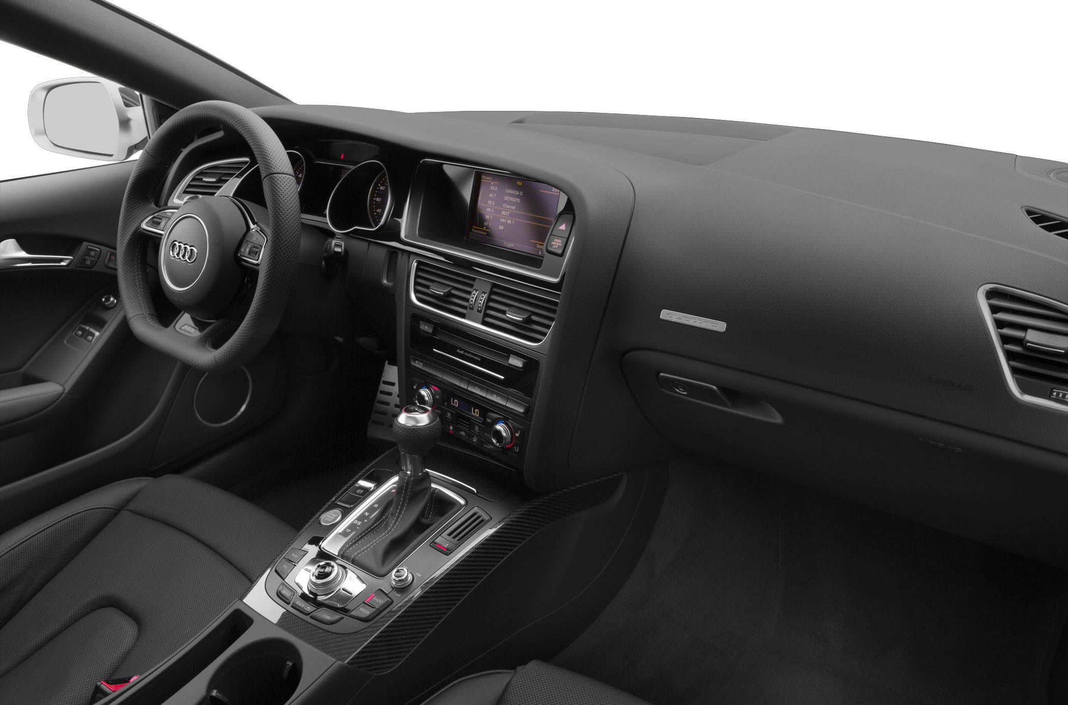 Interior dashboard with steering wheel and multimedia controls