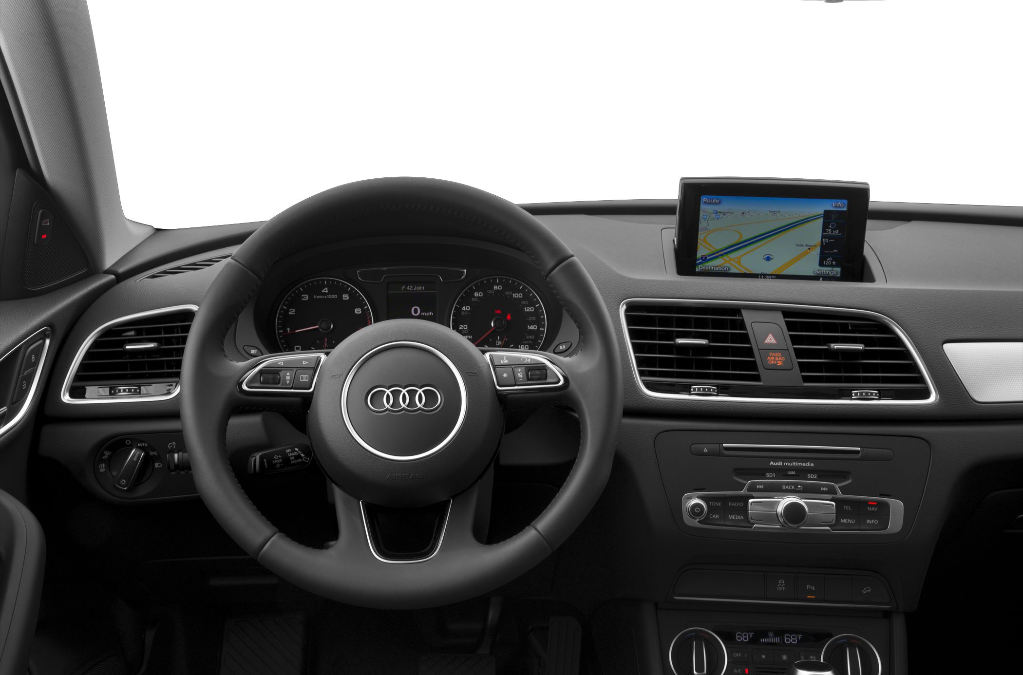 Audi Q3 dashboard with steering wheel and navigation screen