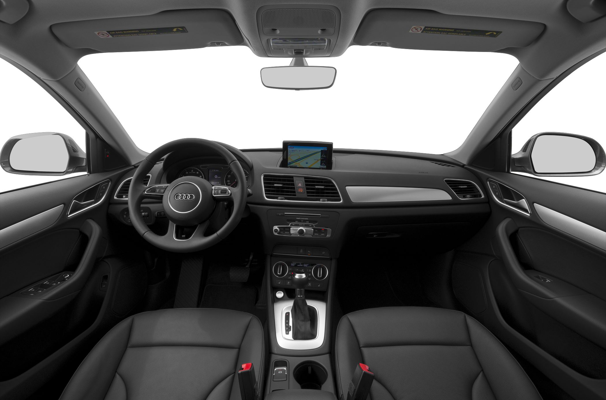 Car interior with navigation screen and multifunction steering wheel