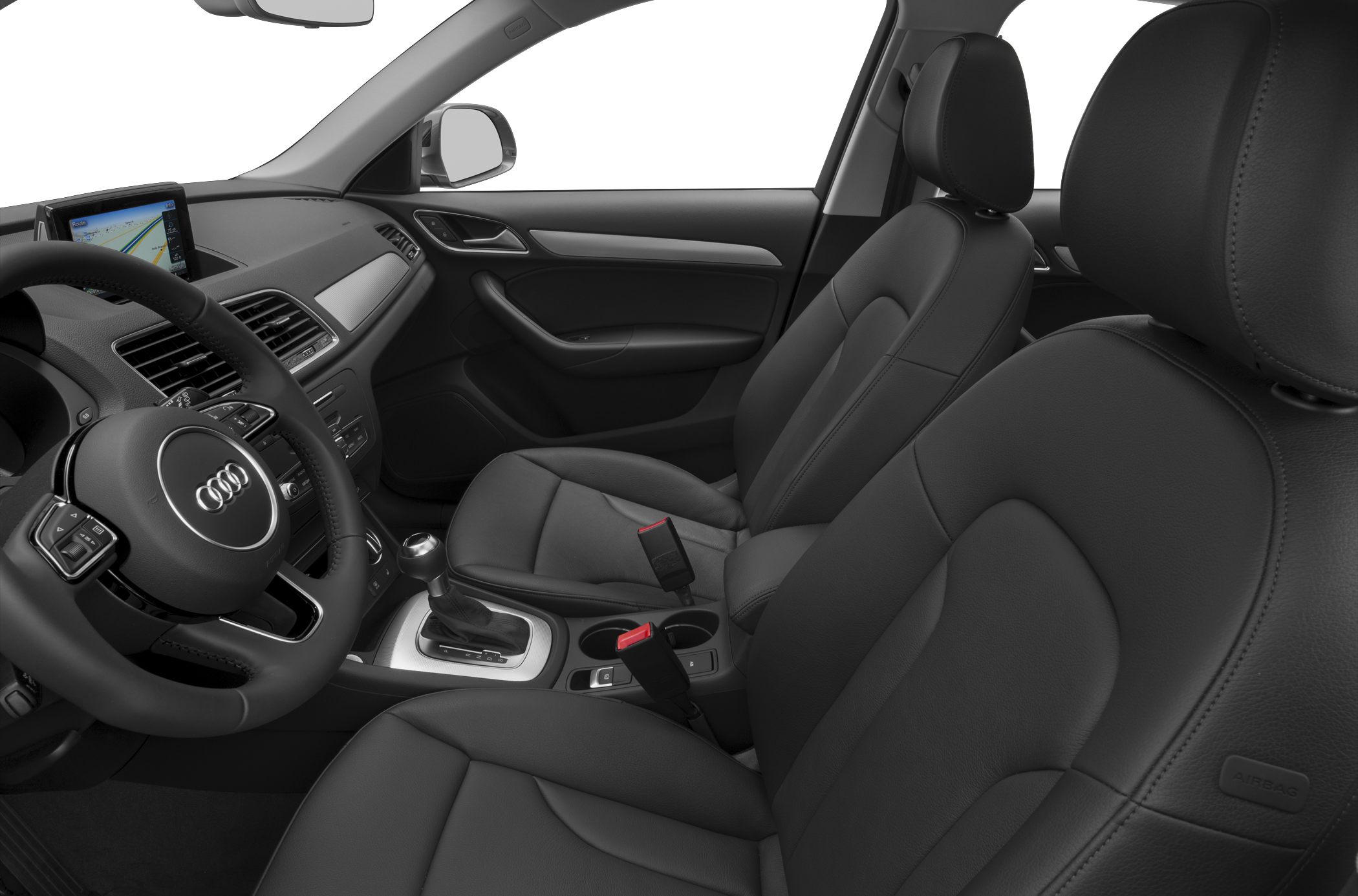 Leather front seats, steering wheel with controls, infotainment display