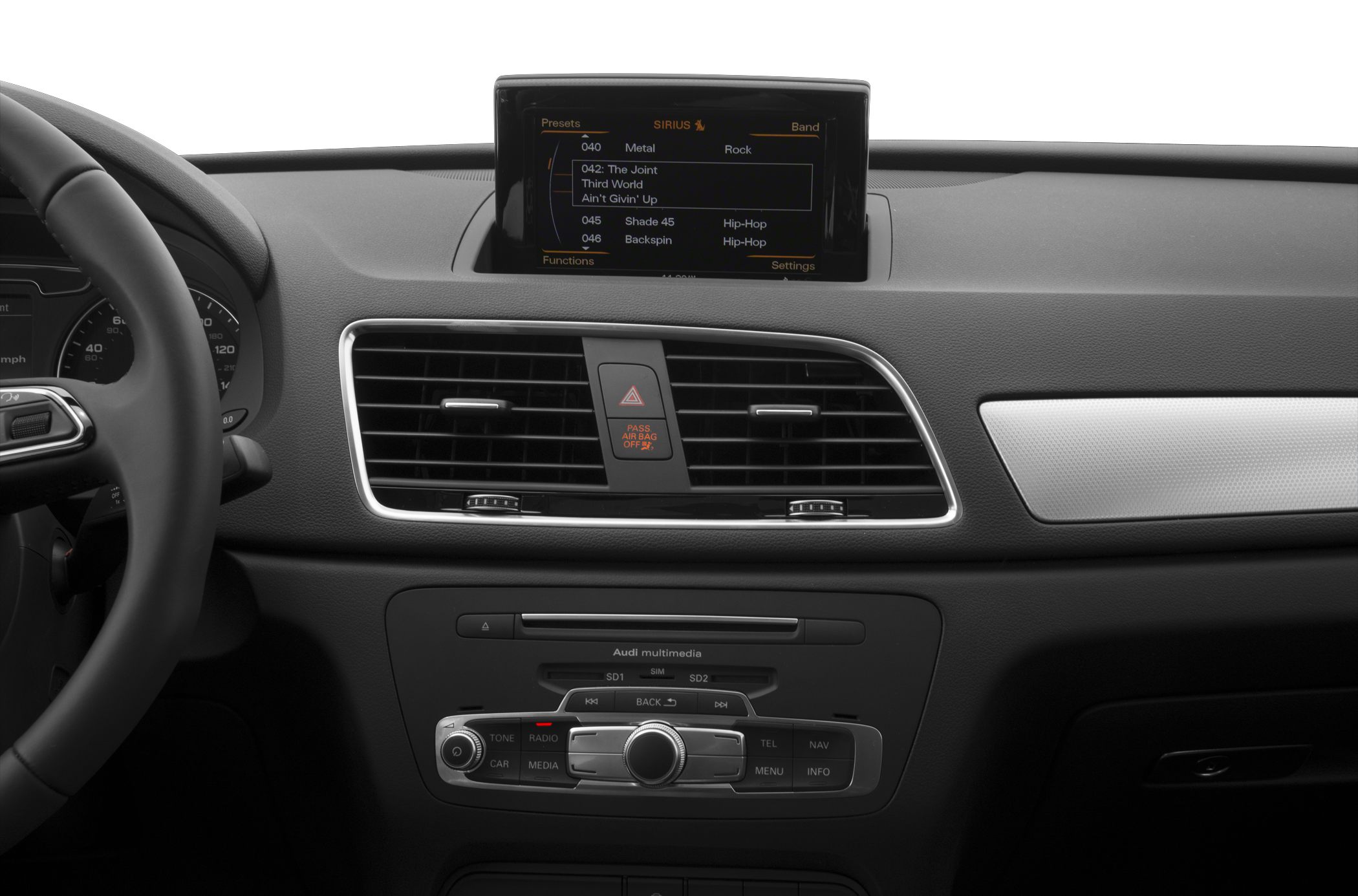 Car dashboard with multimedia controls and air vents