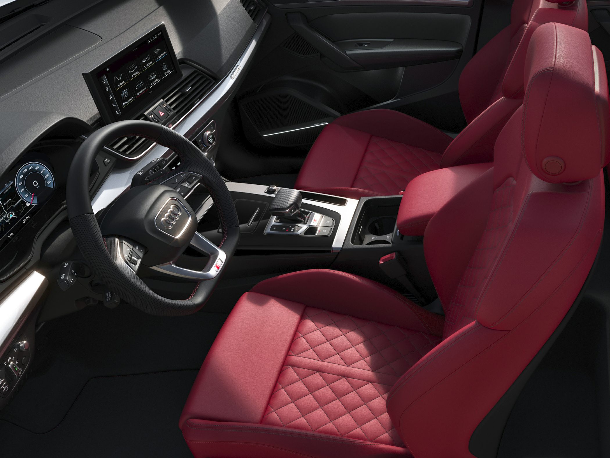 Red quilted leather seats with digital dashboard and center console