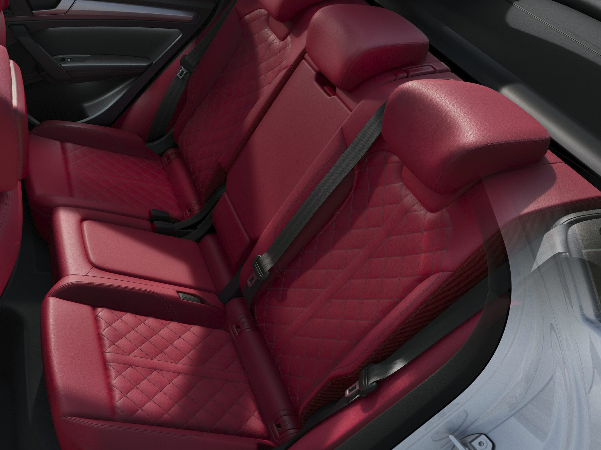 Quilted red leather rear seats with modern design and seat belts