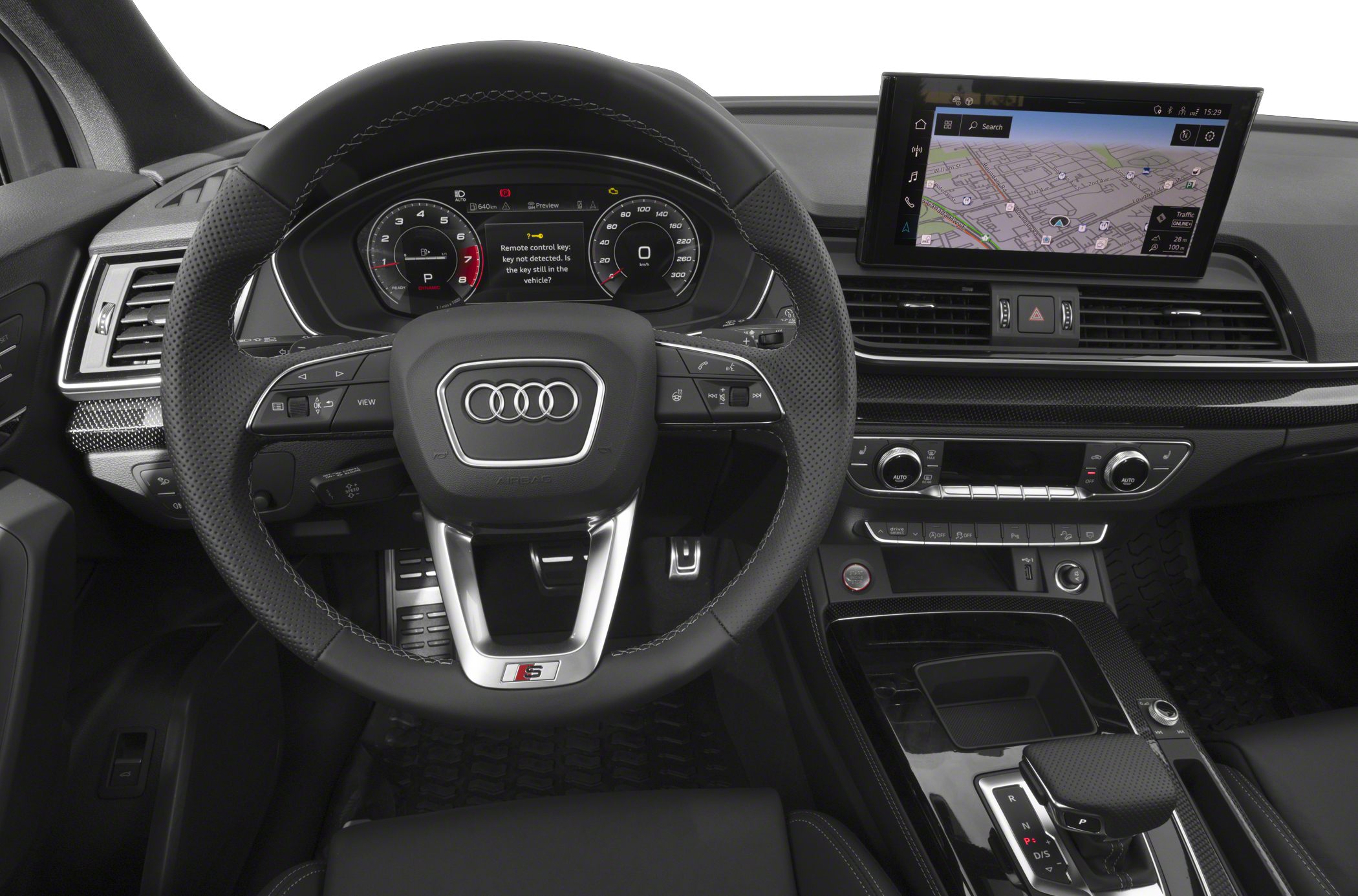 Digital instrument cluster and infotainment screen with sporty steering wheel