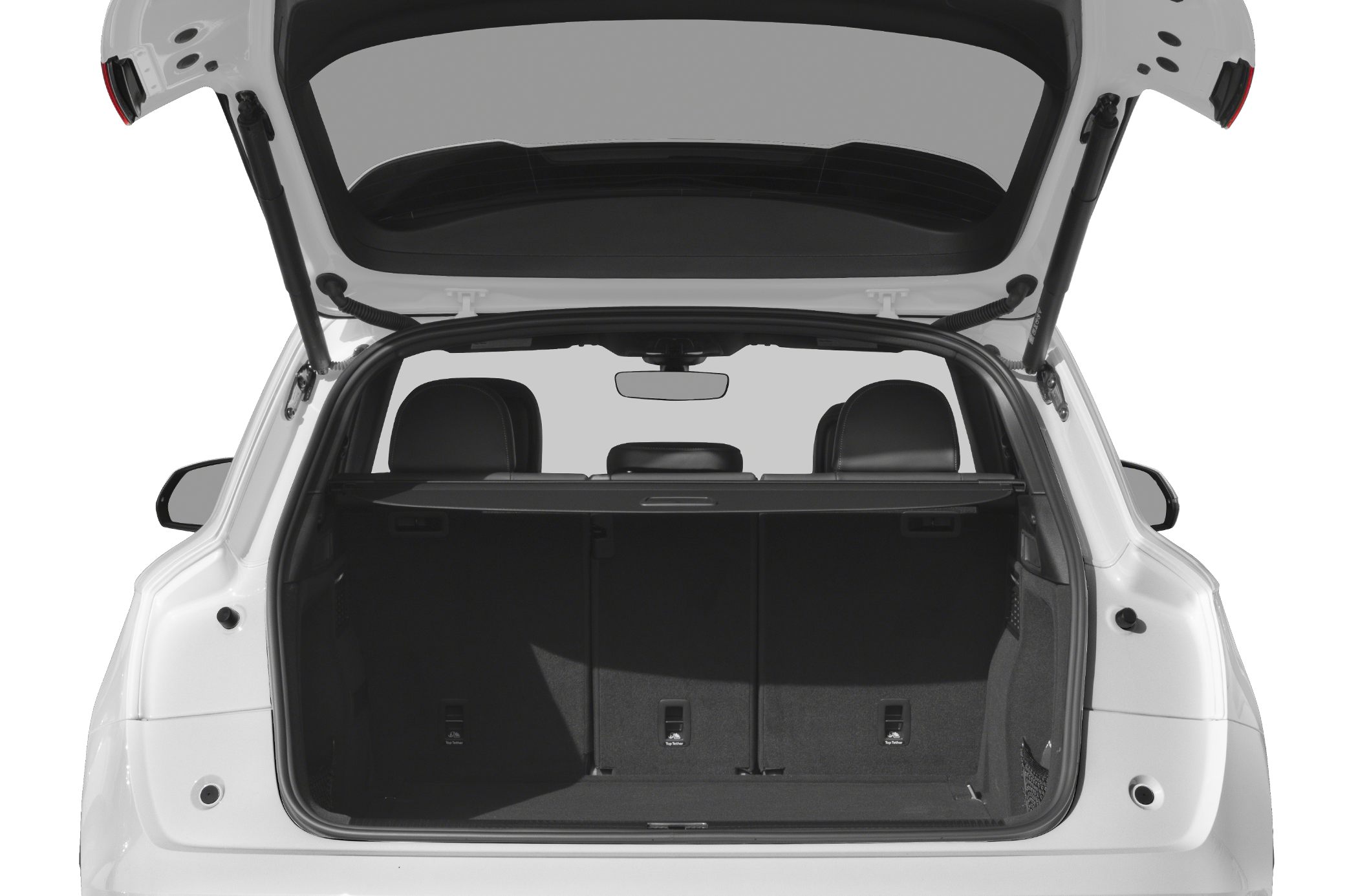 Open rear cargo space with black interior and rear seats