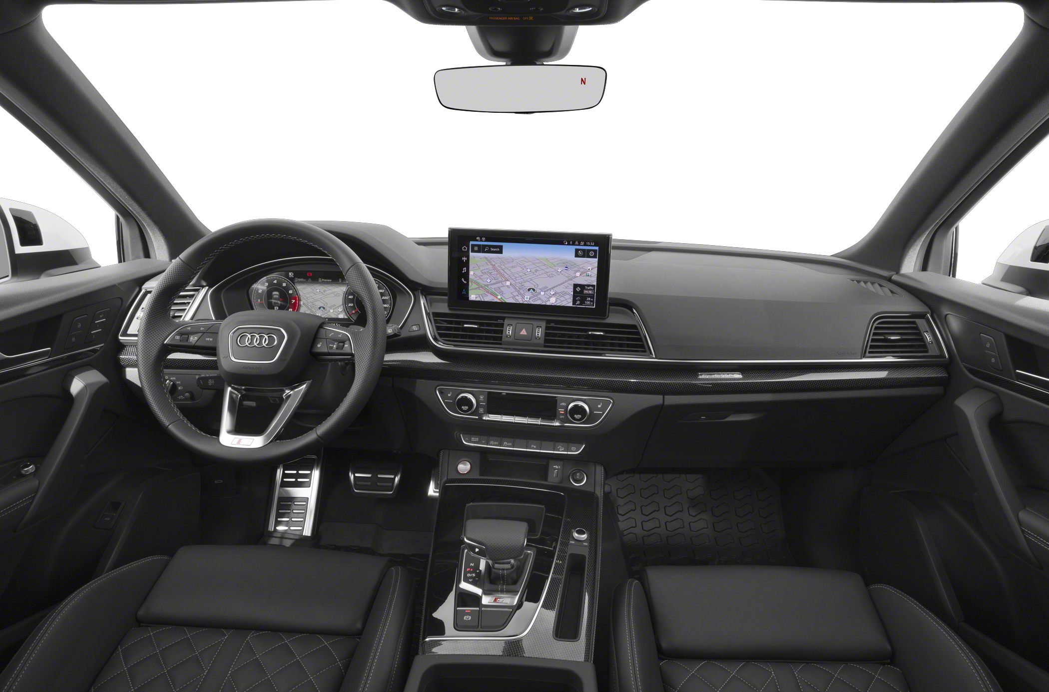 Modern digital cockpit and infotainment screen with quilted leather seats