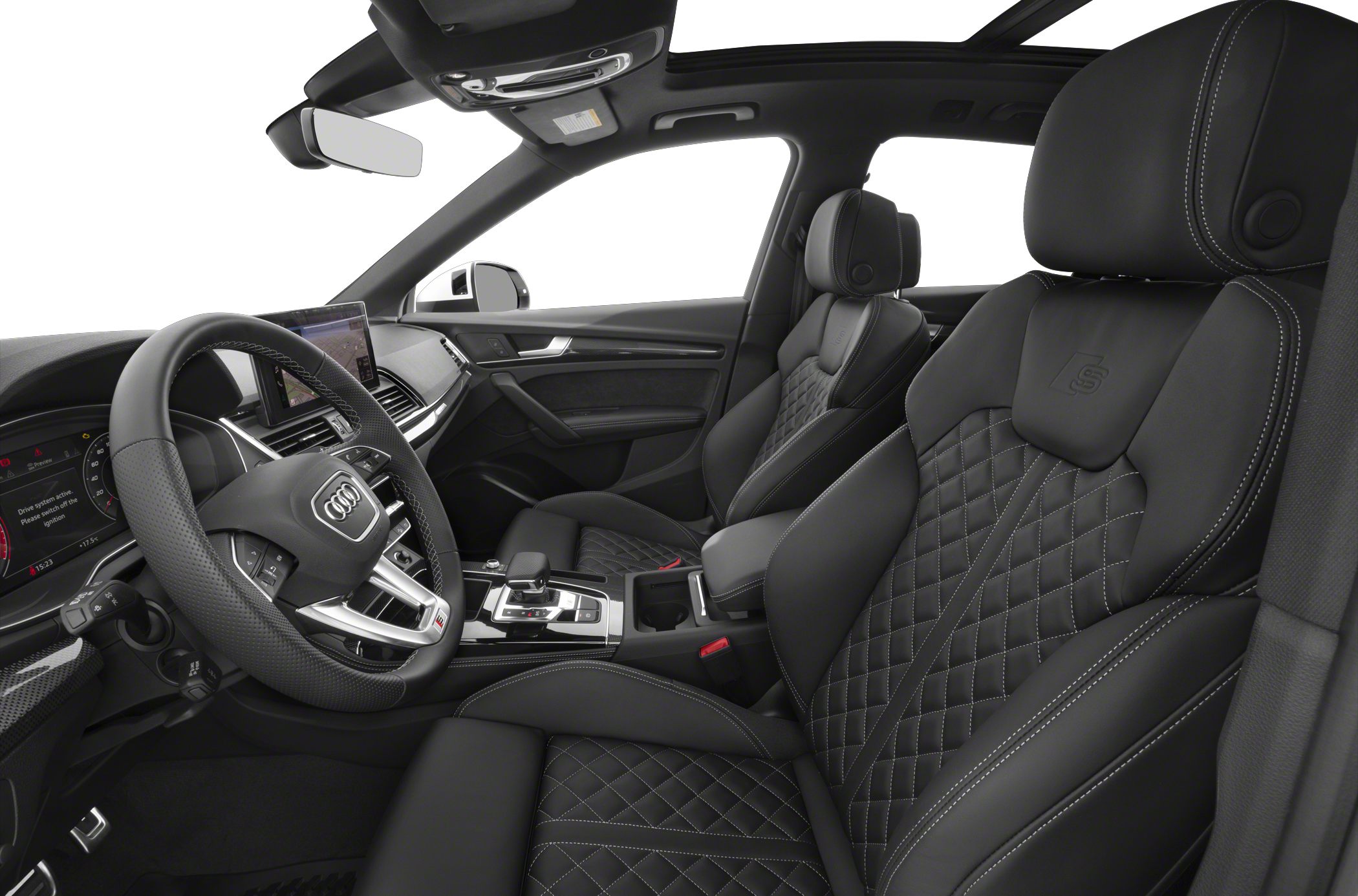 Quilted leather seats and digital dashboard with panoramic sunroof