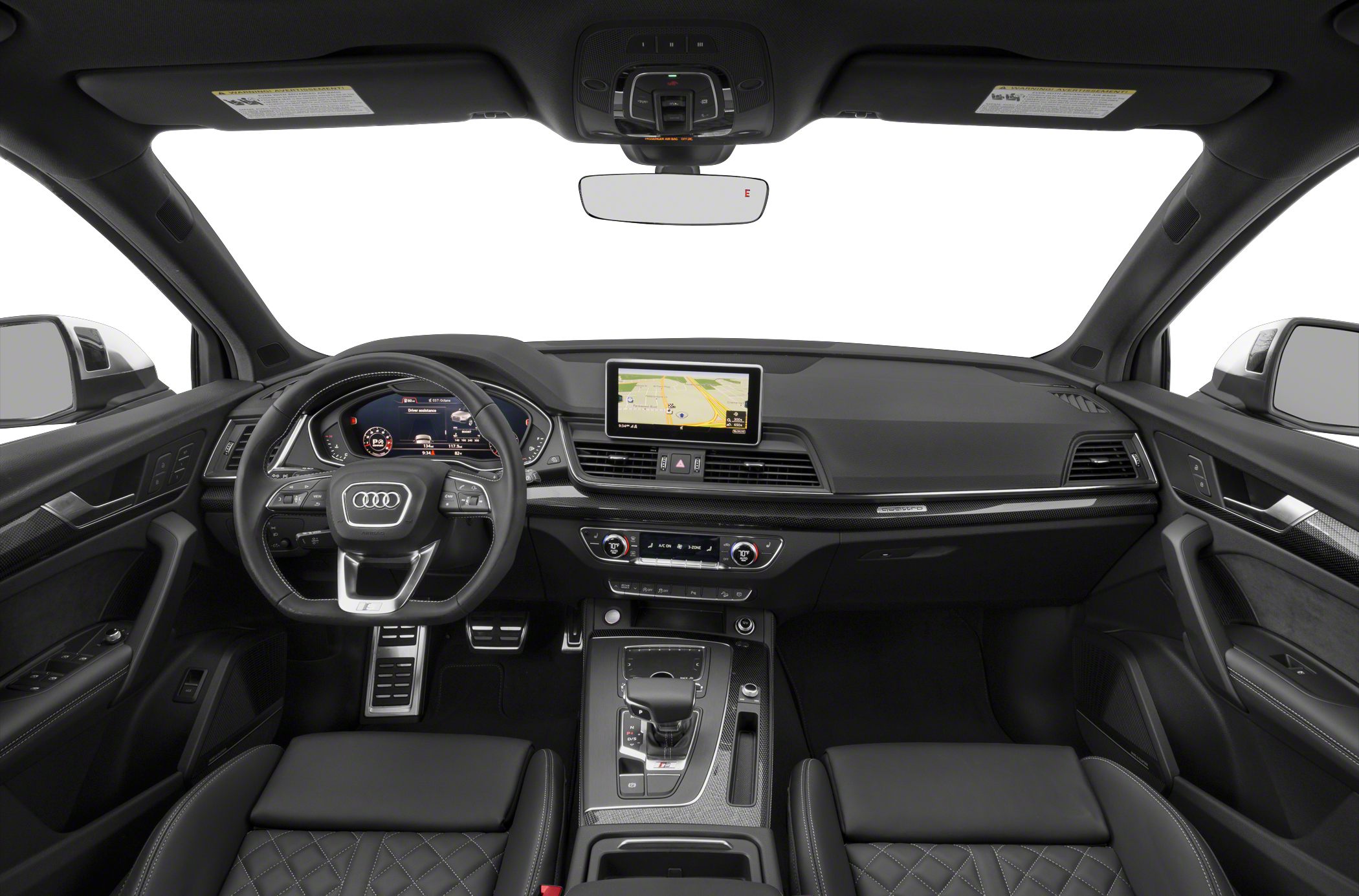 Digital dashboard, infotainment screen, and sporty steering wheel in luxury SUV interior