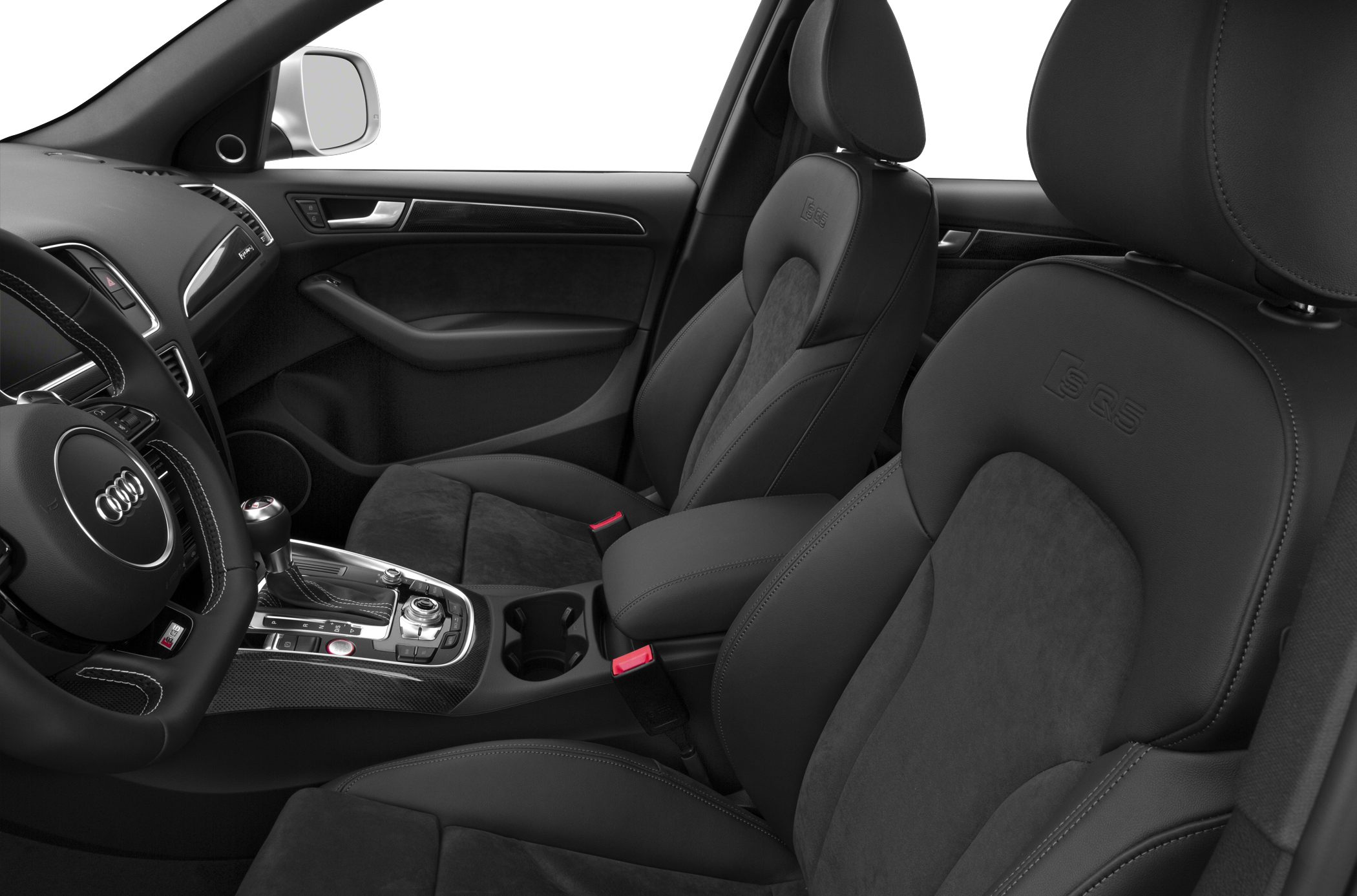 Front bucket seats with center console and steering wheel close-up