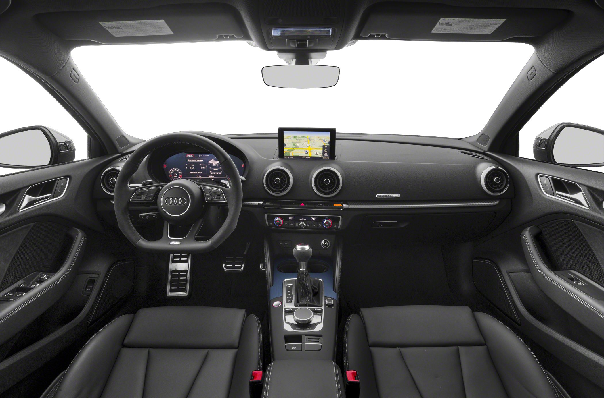 Audi RS 3 interior with digital cockpit, infotainment screen, and modern controls