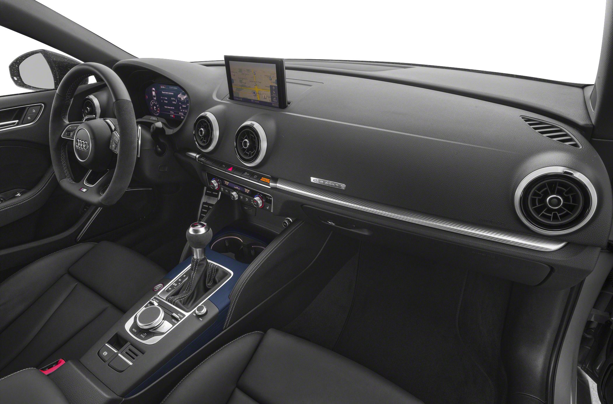 Digital dashboard, circular air vents, sleek center console with multimedia controls