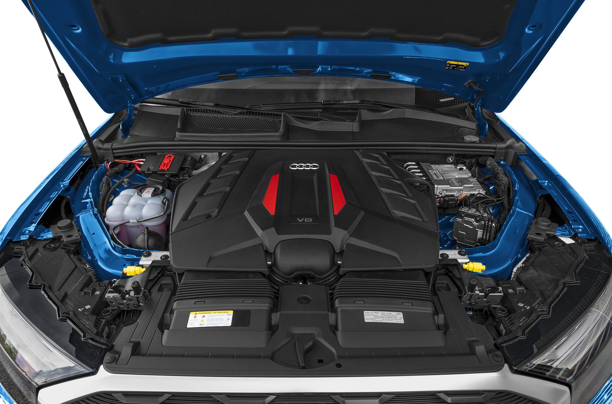 V8 engine bay with Audi emblem and modern engine cover design.