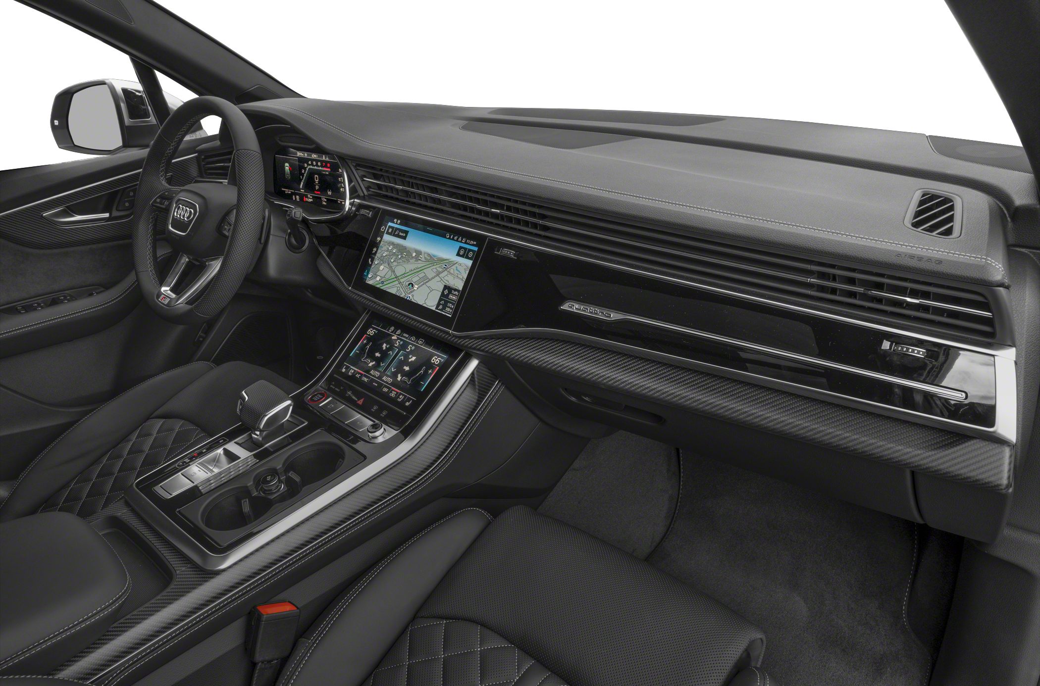 Dual touchscreen displays and carbon fiber trim in luxury SUV interior
