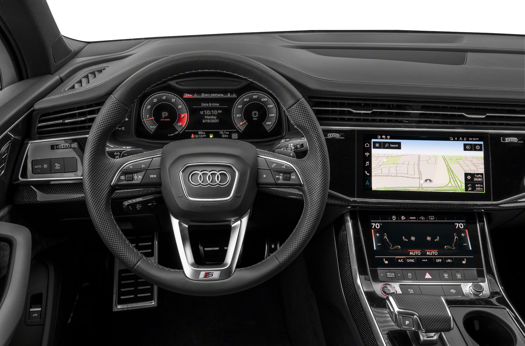 Digital dashboard and dual touchscreen infotainment center with premium steering wheel