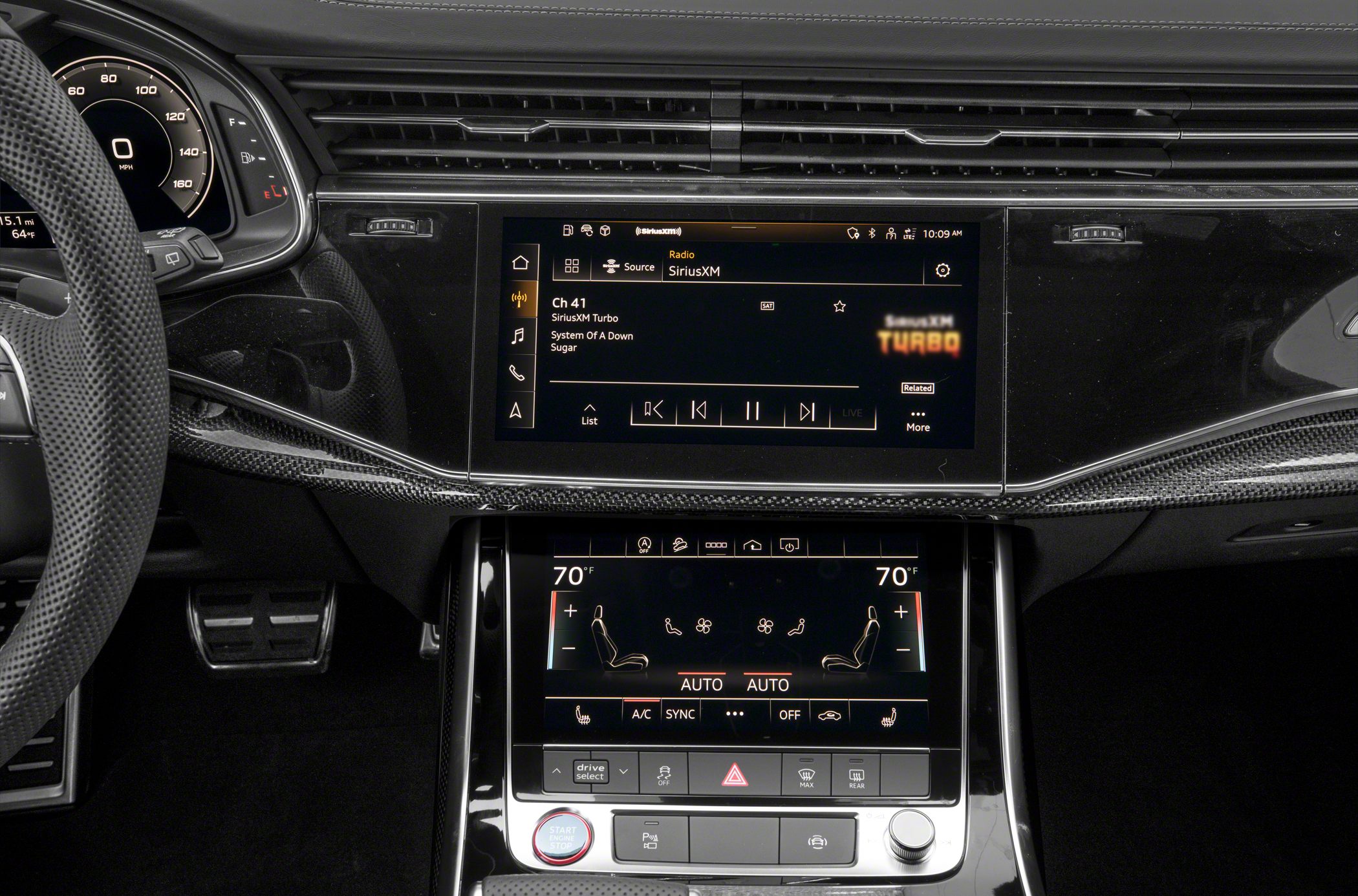Dual touchscreen infotainment and climate control displays with start/stop button