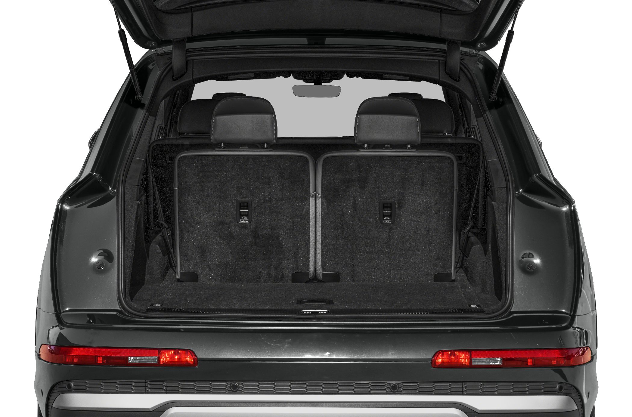 Open rear trunk with spacious cargo area and rear seats visible