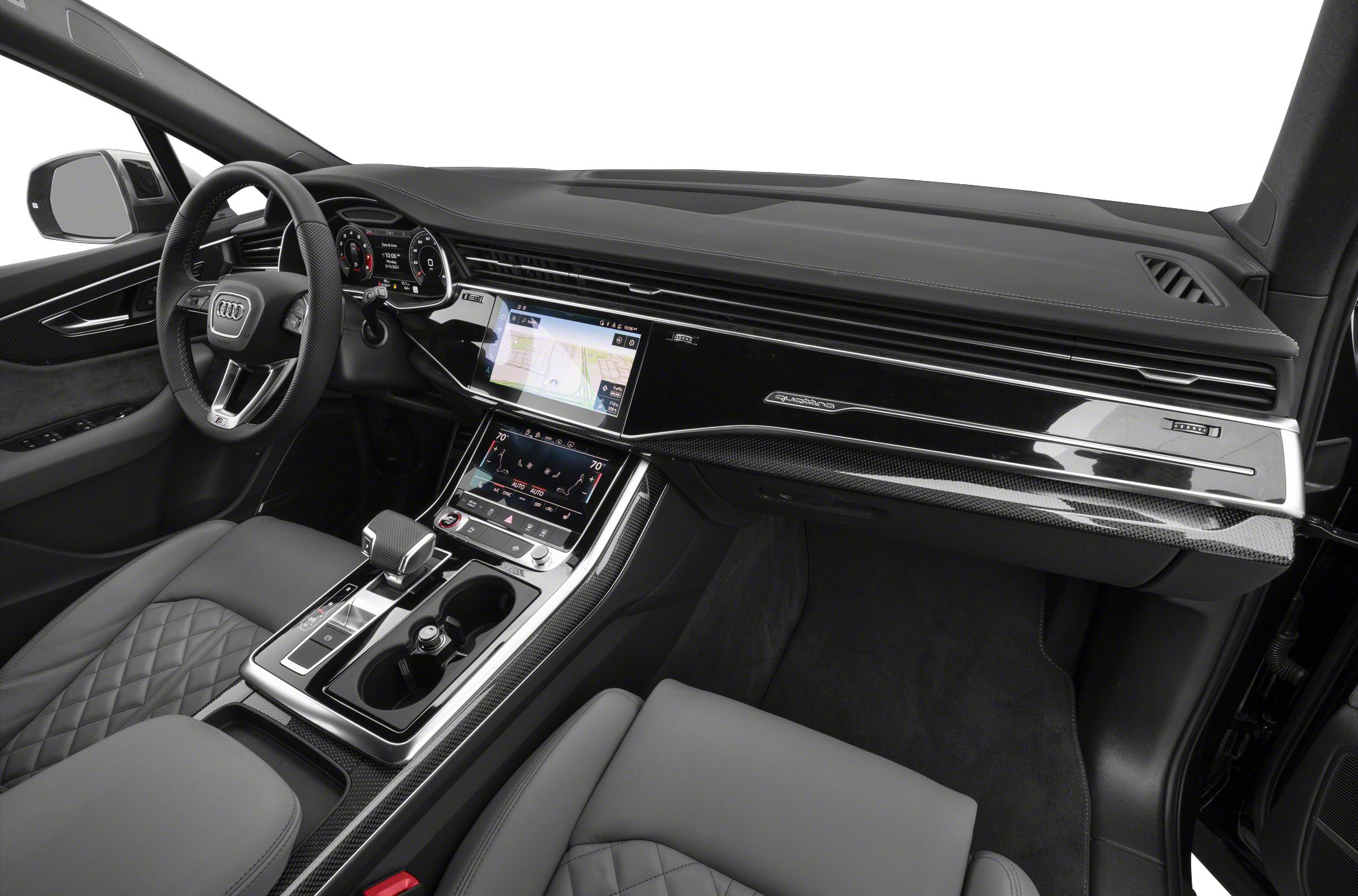 Digital cockpit with dual touchscreens and quilted leather seats