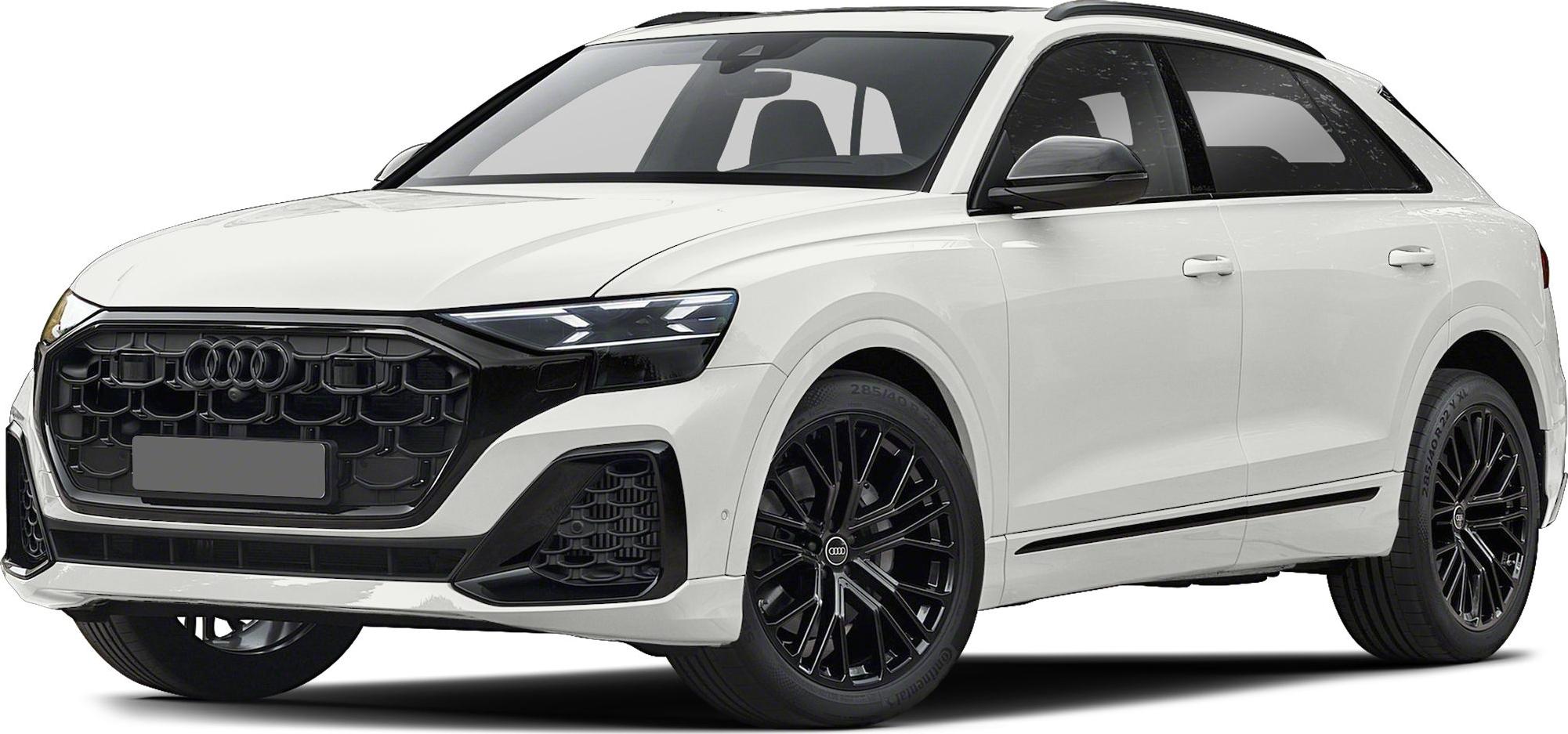 Black honeycomb grille and black alloy wheels on white SUV, front-side view