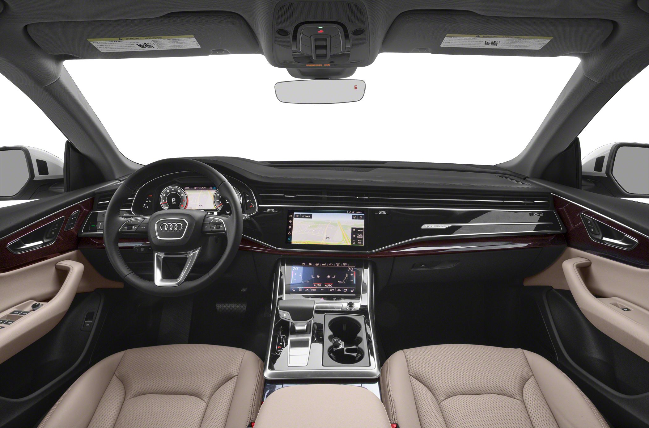 Dashboard with dual touchscreens and beige leather seats