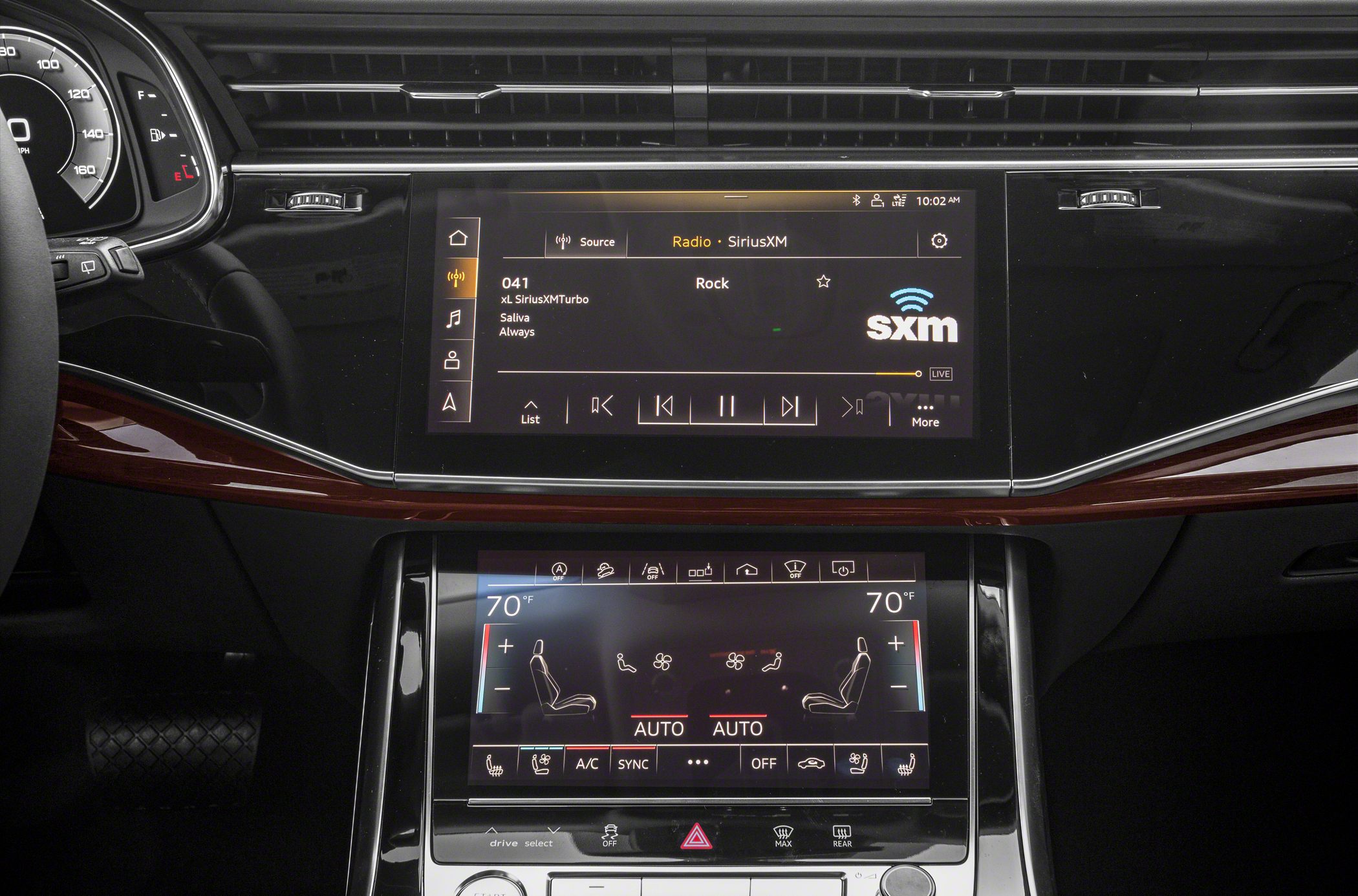 Dual touchscreen infotainment and climate control displays with digital controls