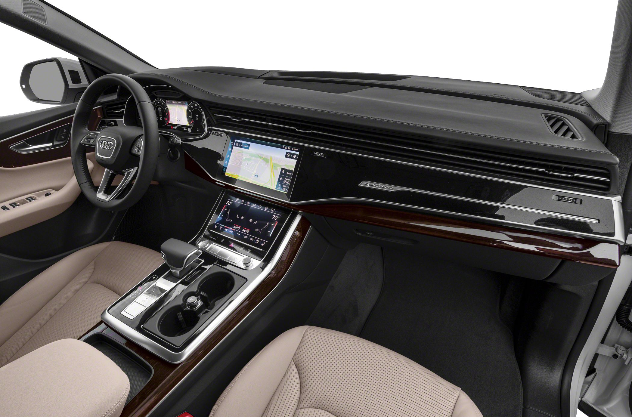 Luxury dashboard with dual touchscreen displays and digital instrument cluster