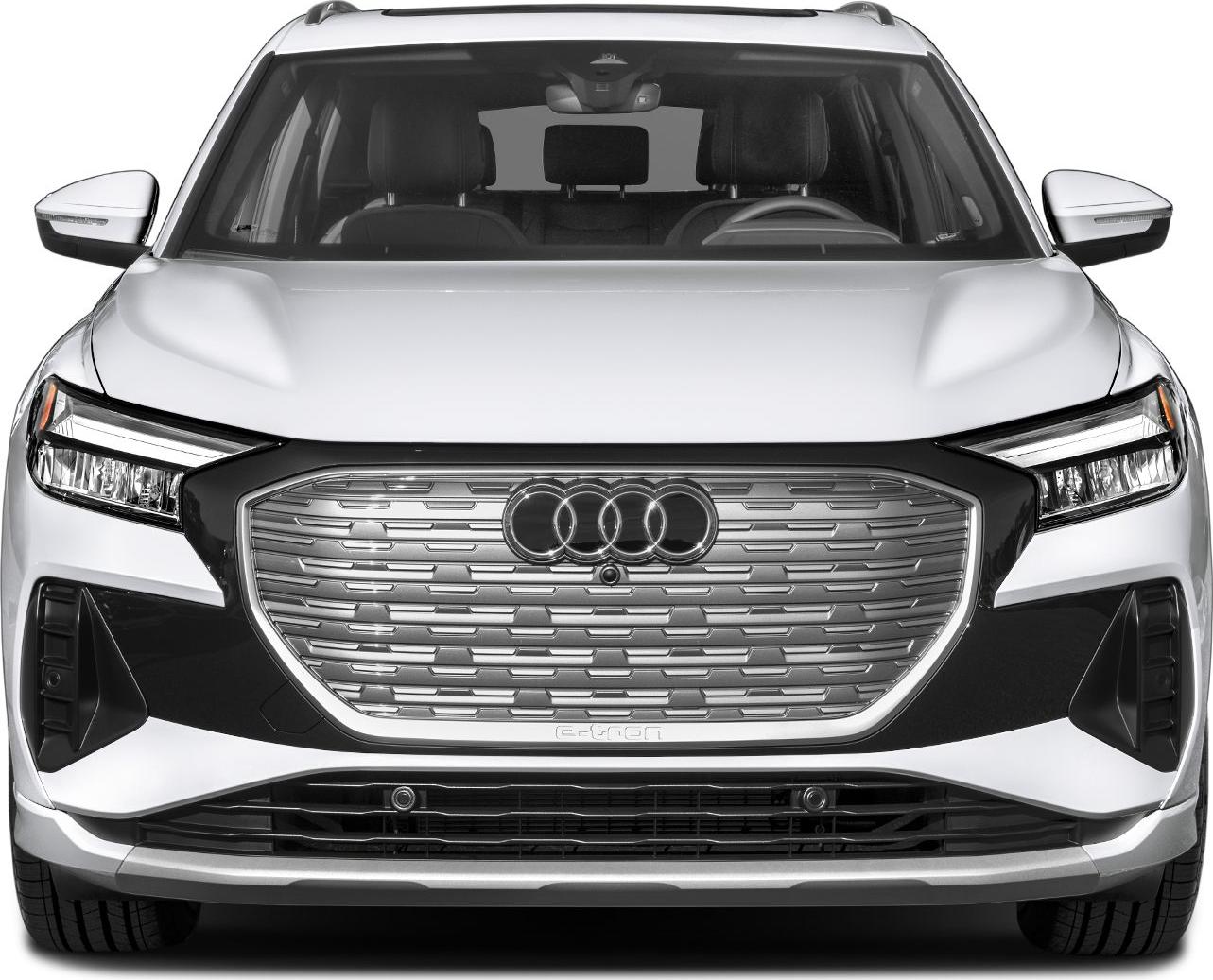 Front view of electric SUV with closed grille and LED headlights