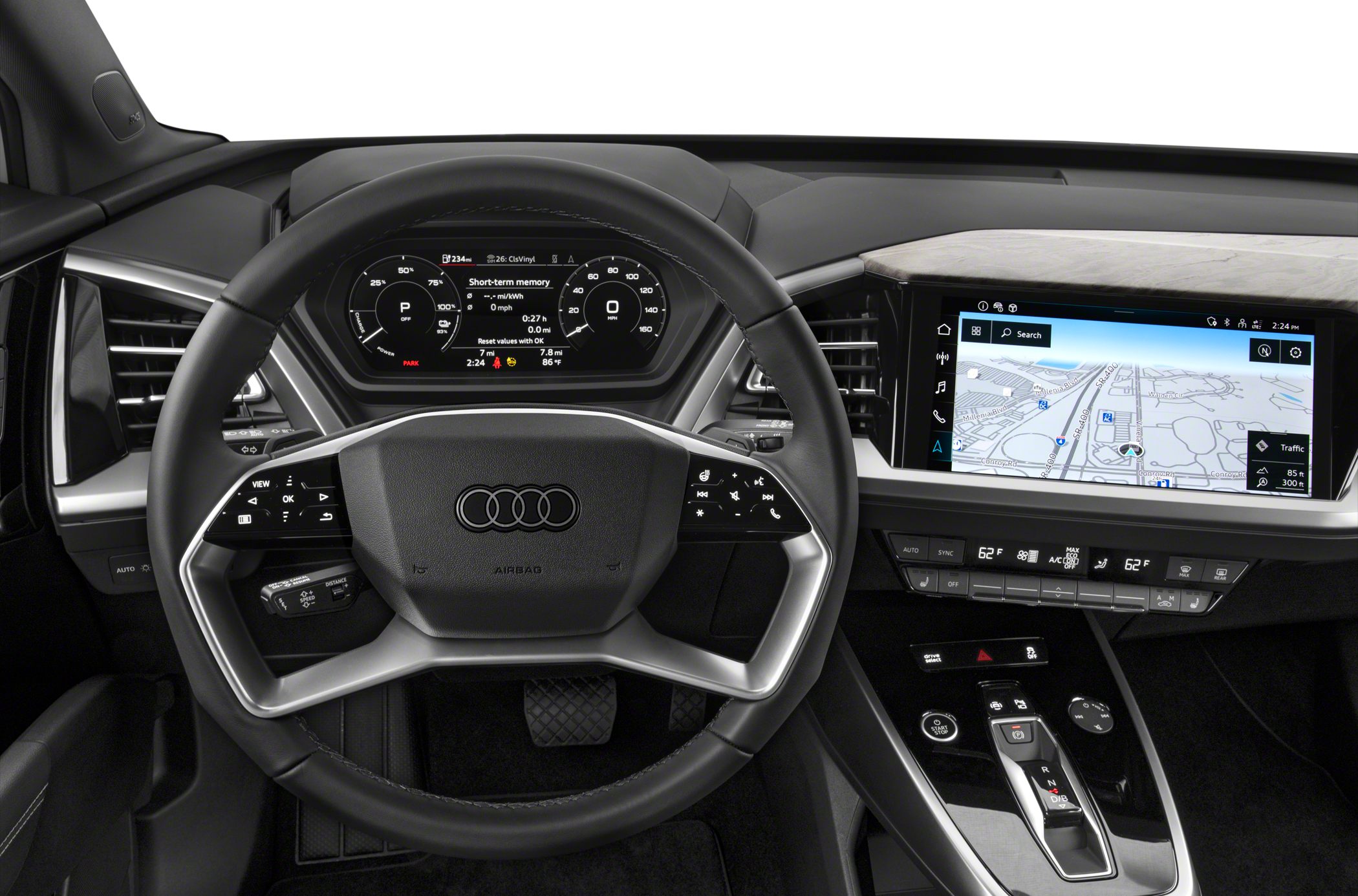 Digital instrument cluster and infotainment touchscreen in modern car interior