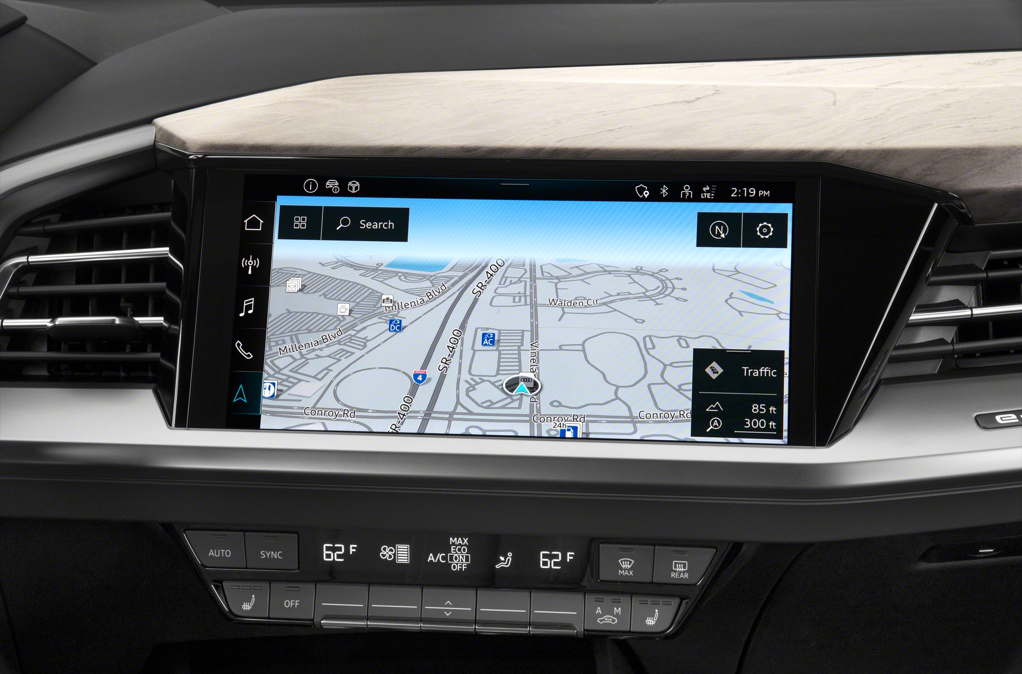 High-tech navigation screen and digital climate control panel