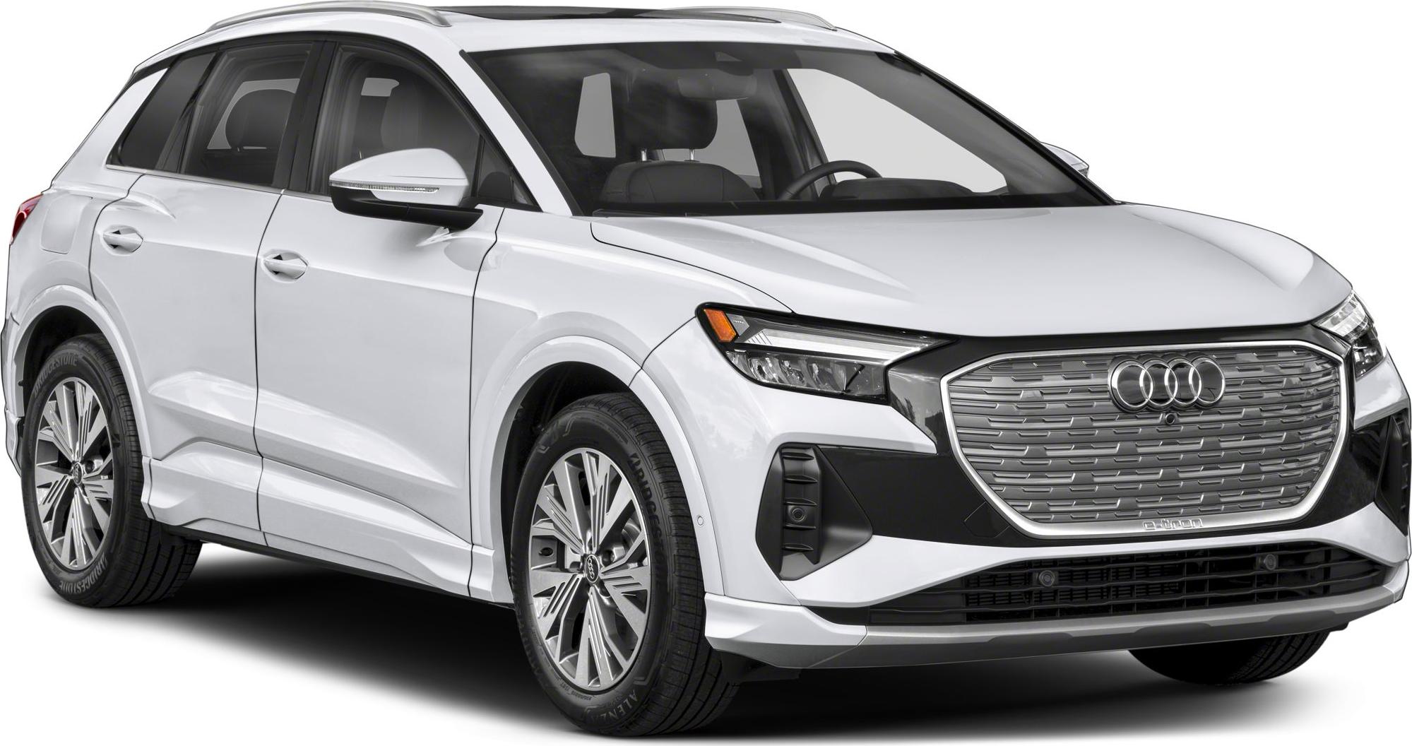 Front and side view of electric SUV with distinctive grille and LED headlights