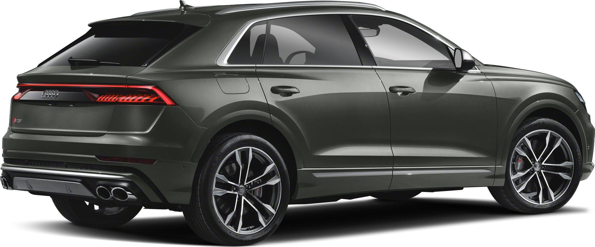 Rear side view with taillights, dual exhaust, and alloy wheels.