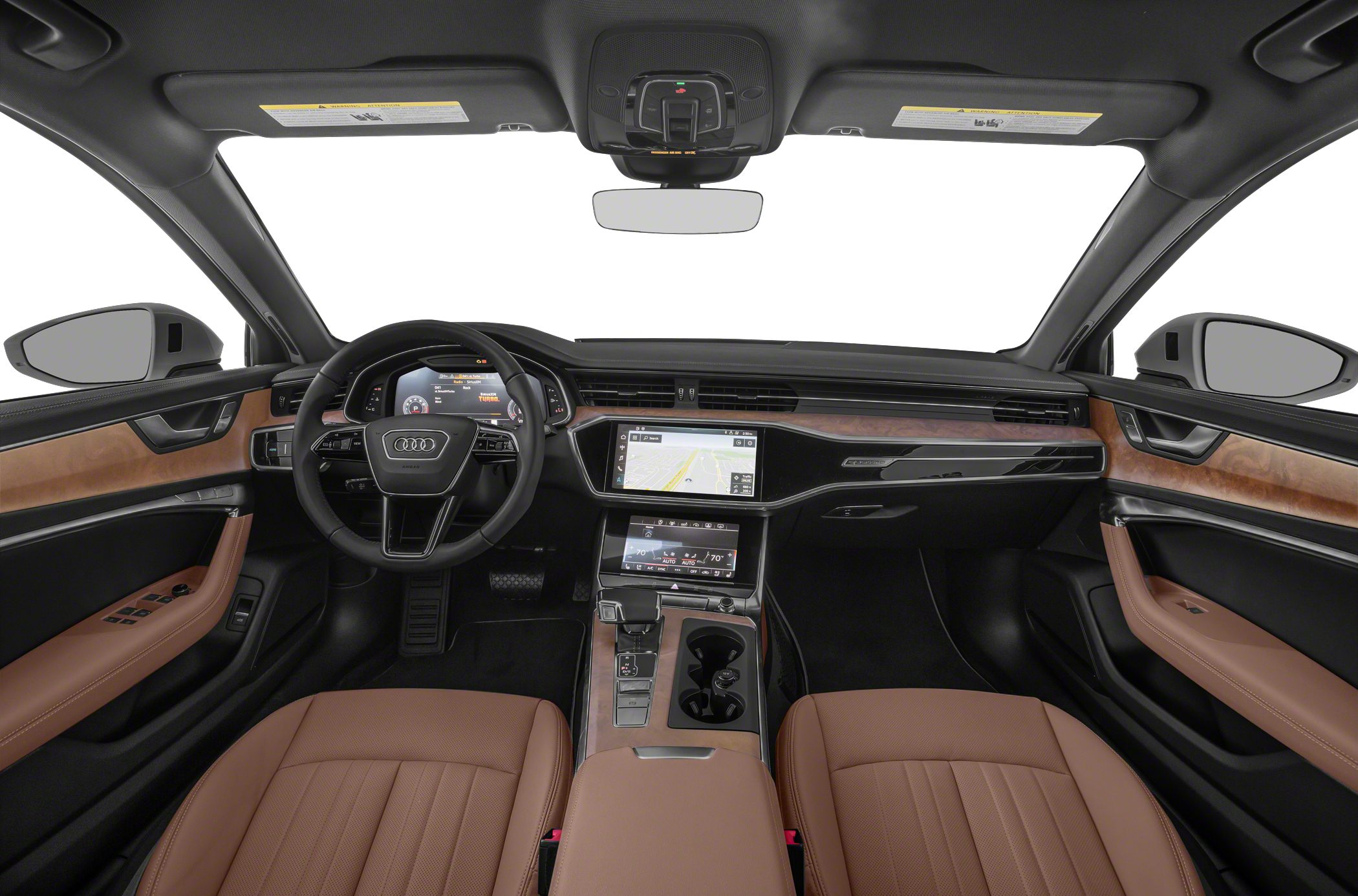 Digital dashboard and dual touchscreen infotainment system with brown leather interior