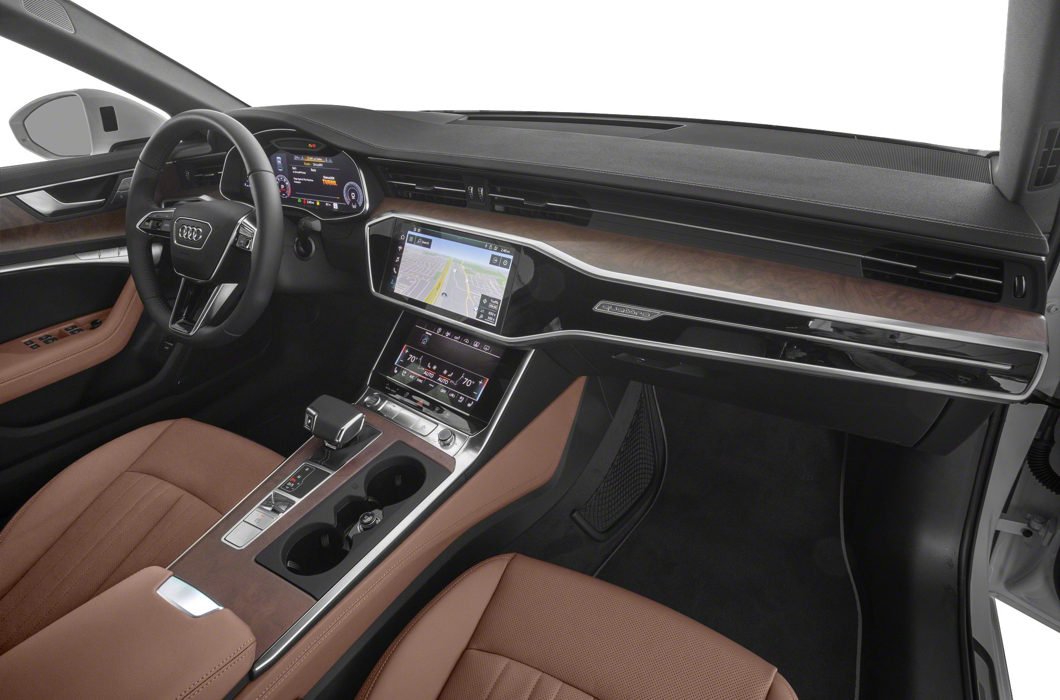 Digital dashboard and dual touchscreen center console with wood trim and leather seats