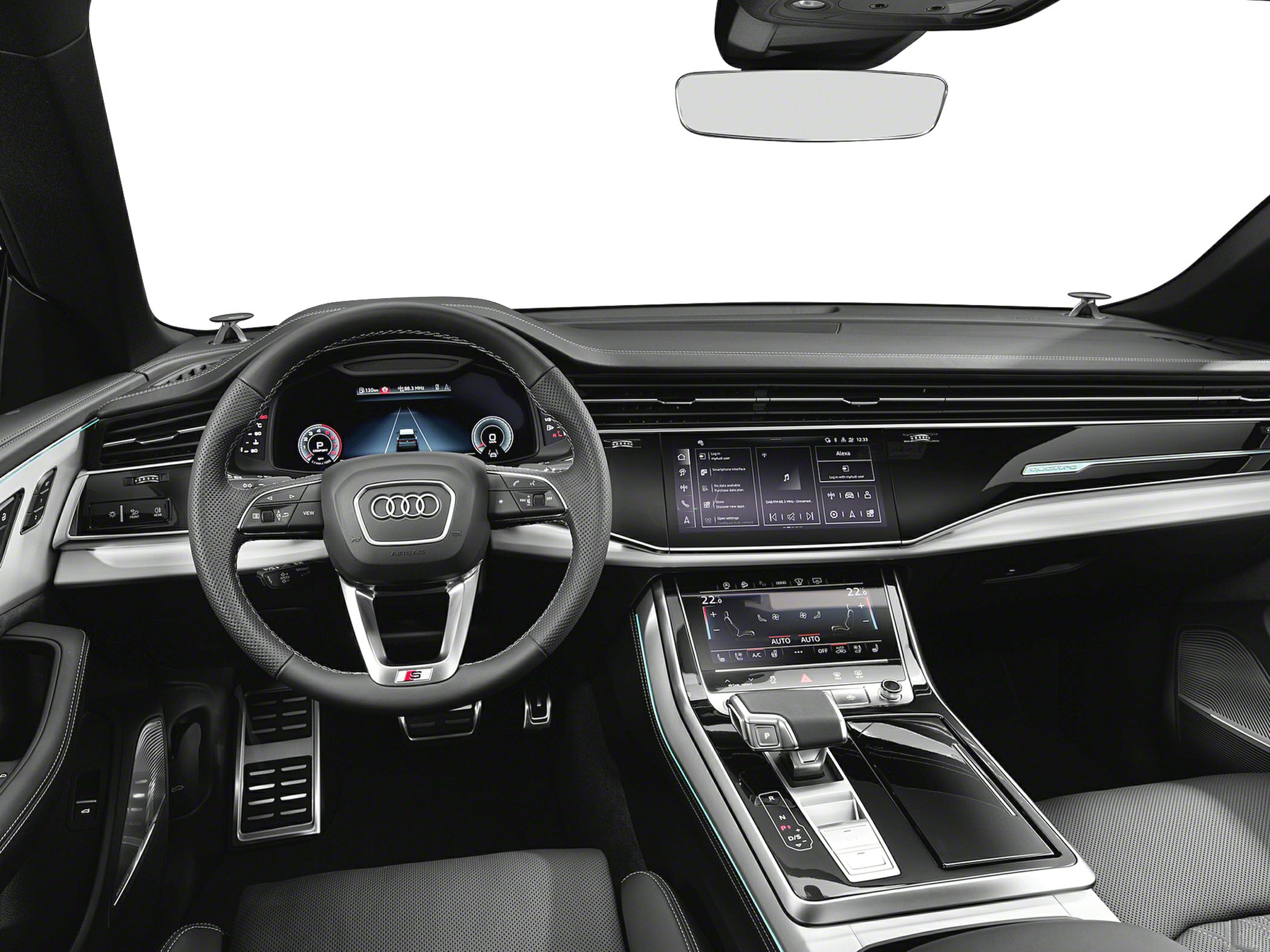 Digital dashboard, touchscreen center console, perforated steering wheel