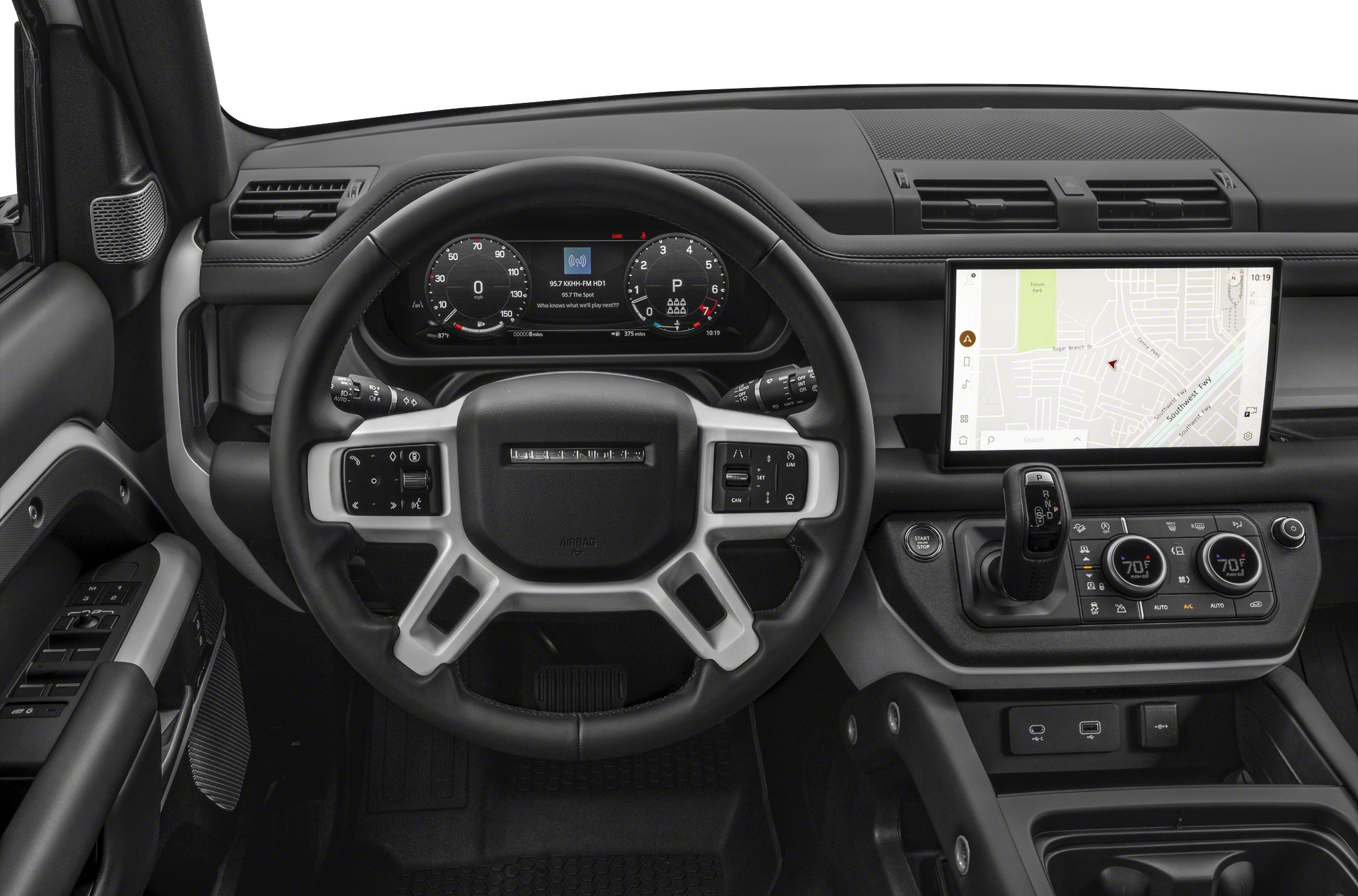 Modern digital dashboard and multifunction steering wheel with central touchscreen
