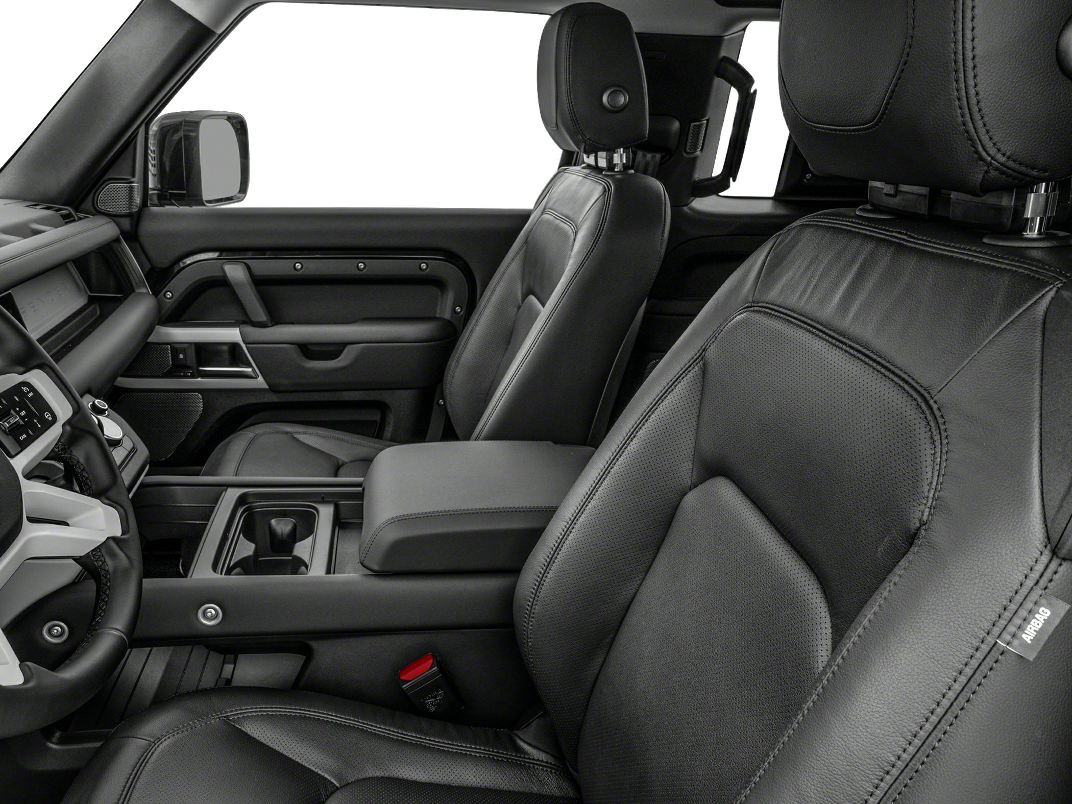 Black leather front bucket seats with armrest and dashboard