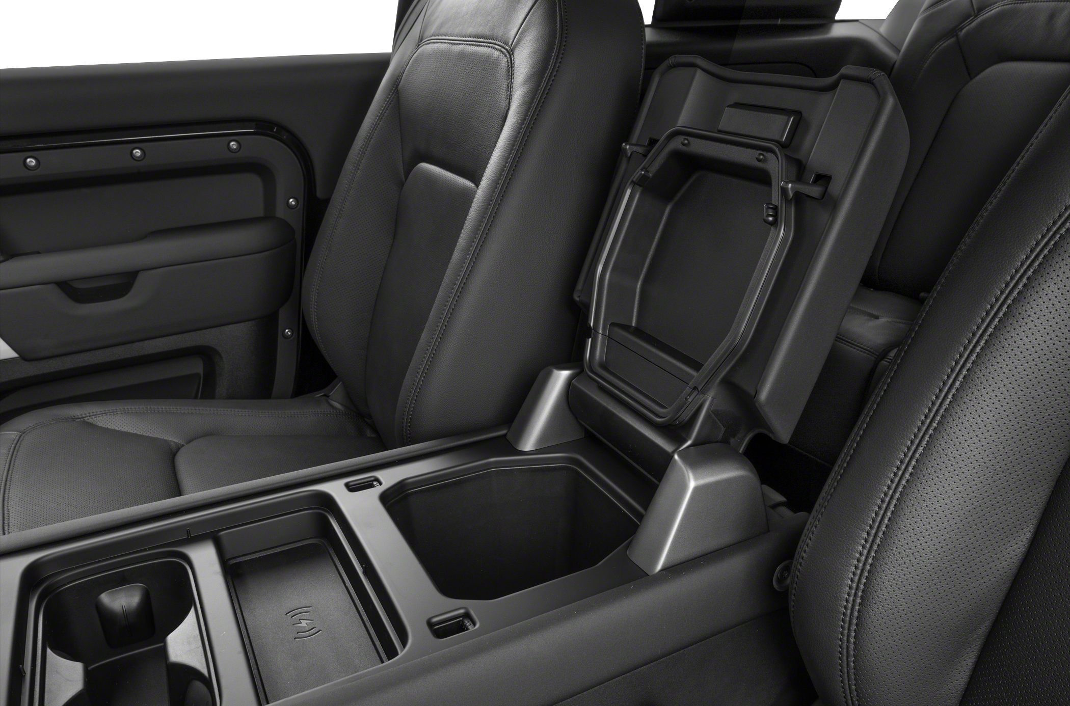 Console storage compartment and black leather seats