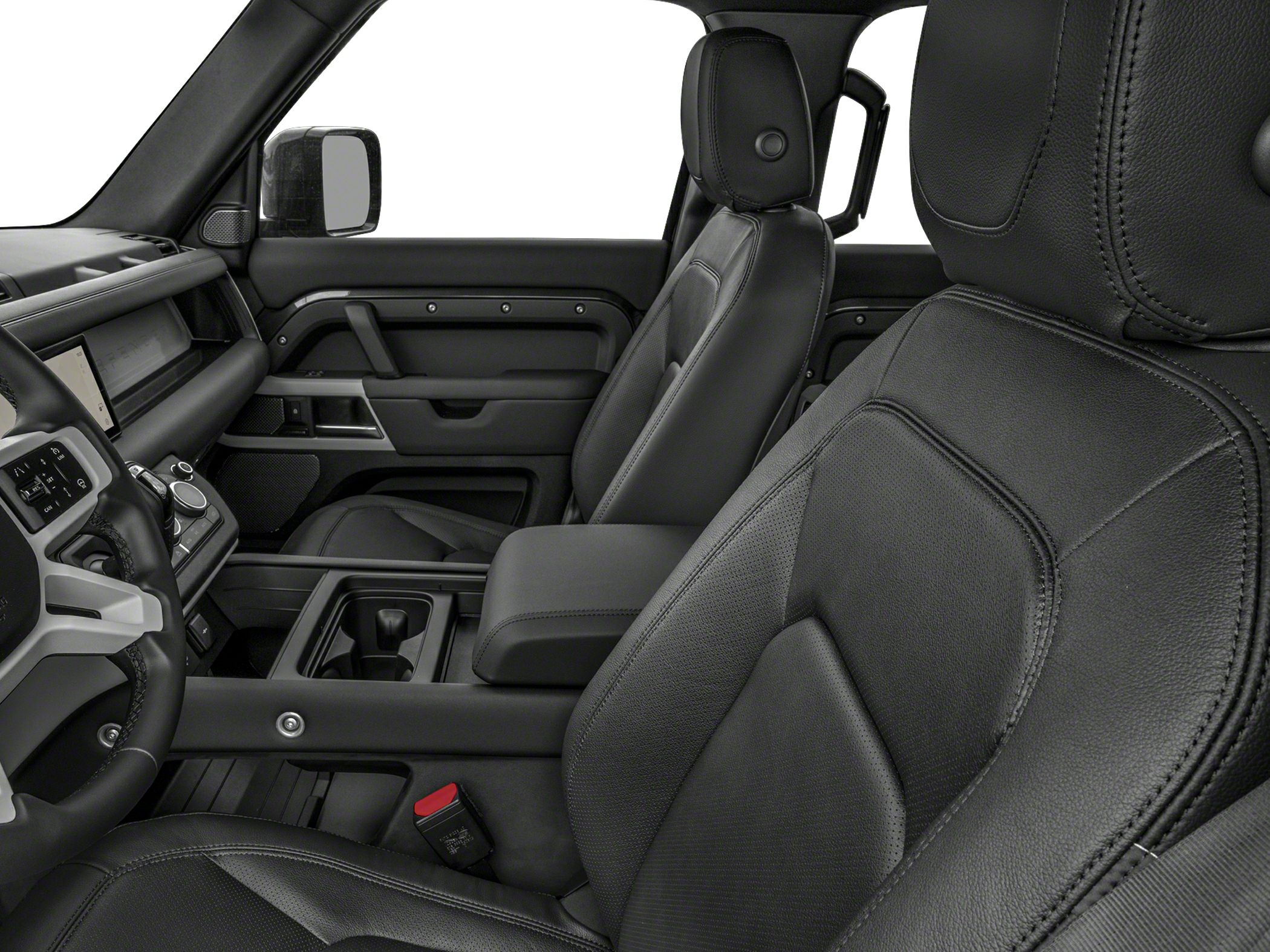 Black leather front seats and modern dashboard interior